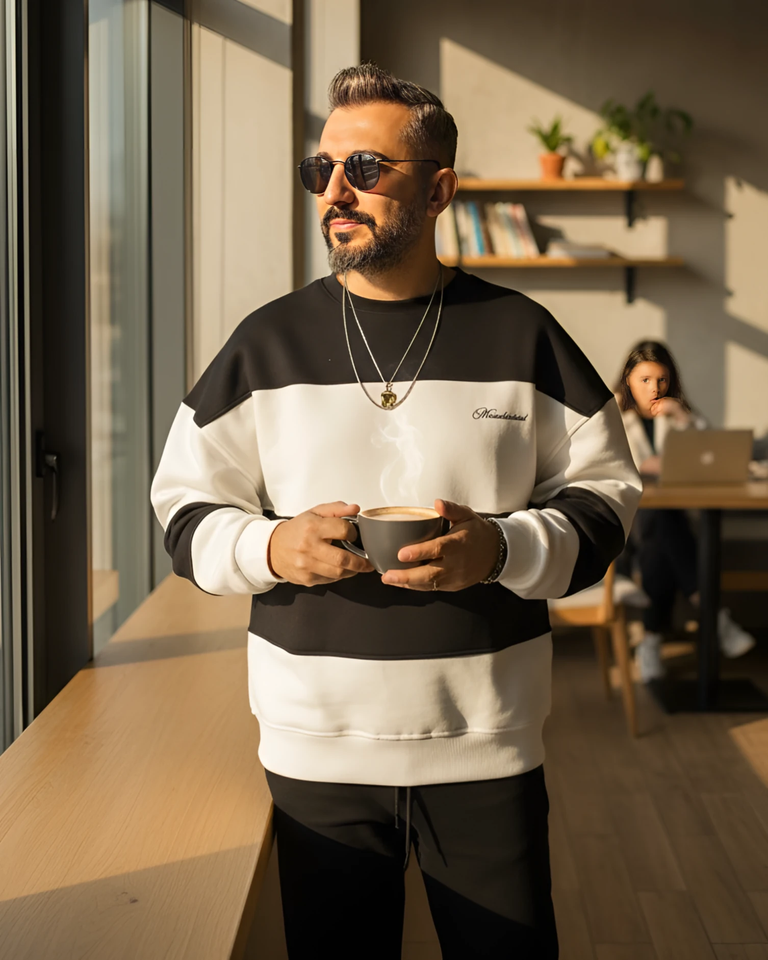 Siyah Beyaz Blok Detaylı Erkek Oversize Sweatshirt