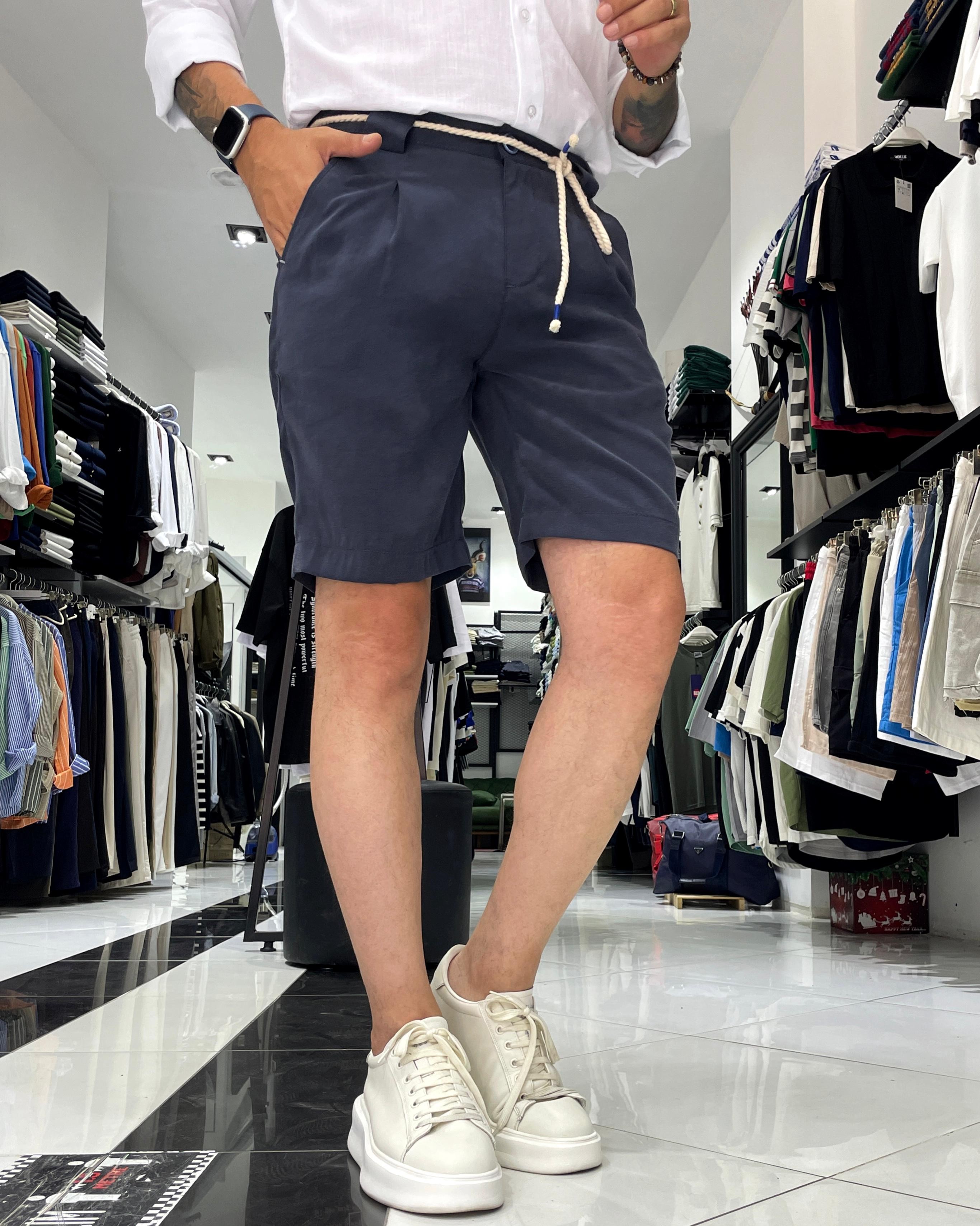 Modal Fabric Belt Detailed Men's Shorts - Navy blue