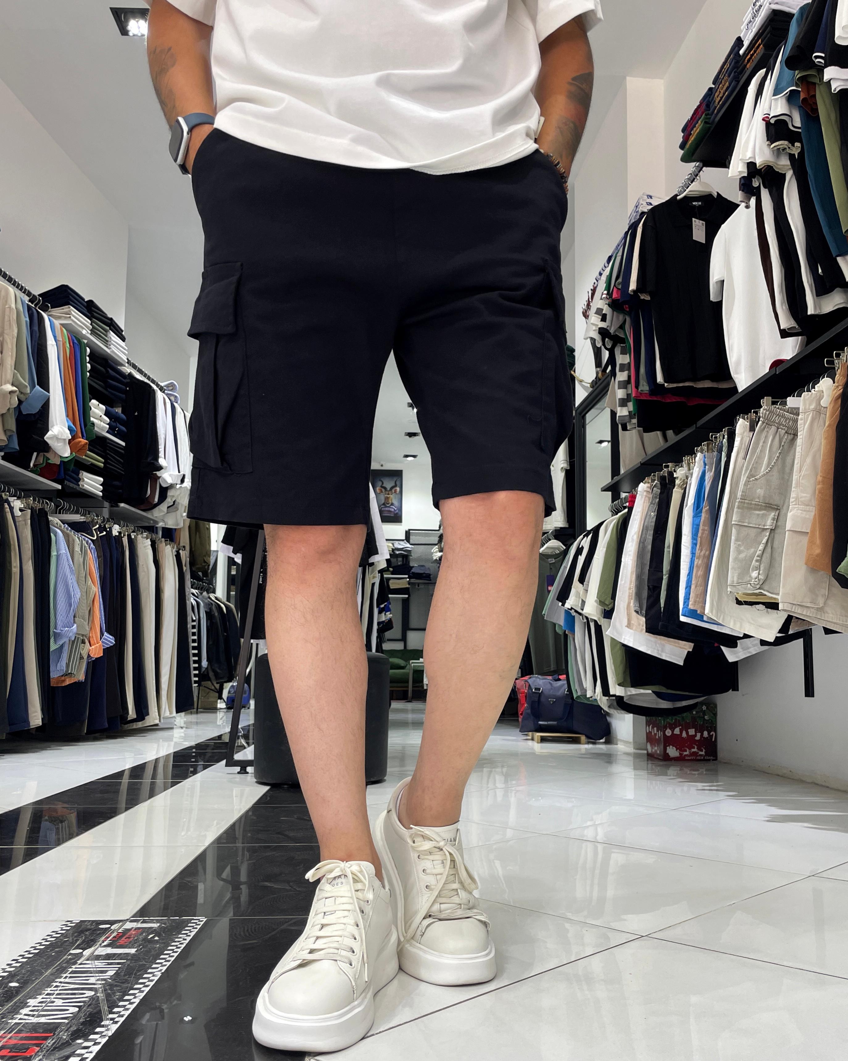 Elastic Waist Denim Shorts with Cargo Pockets - Black