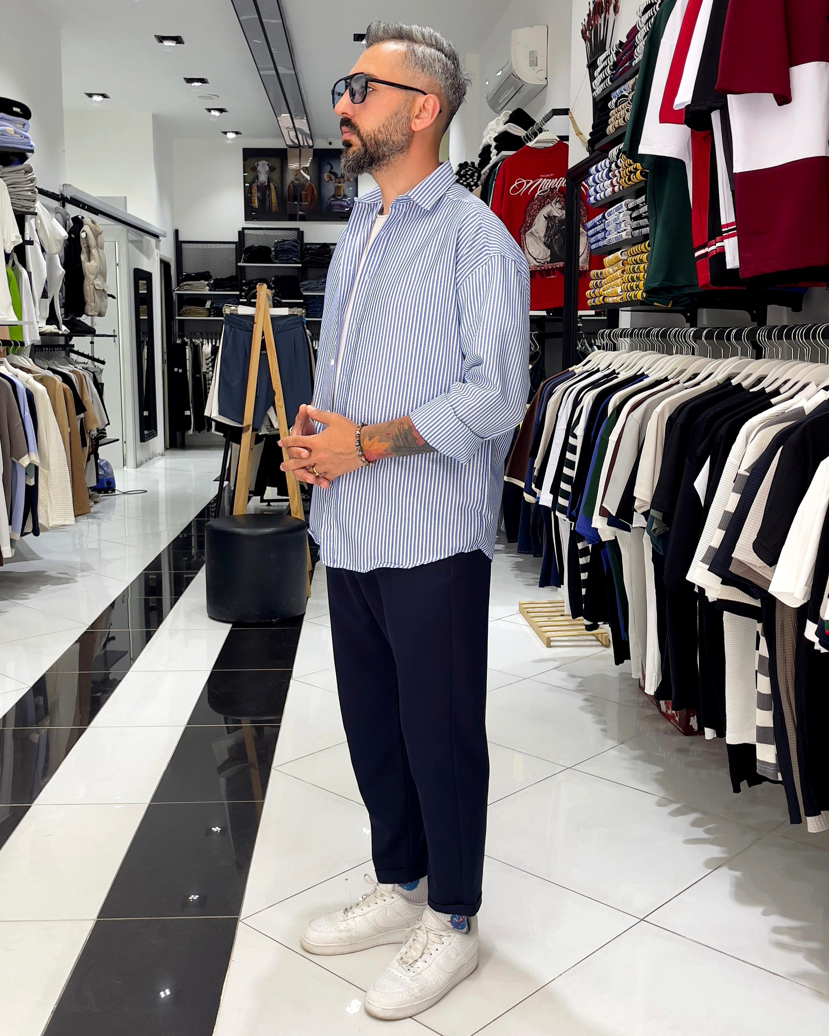 Gofre Kumaş Çizgili Oversize Erkek Gömlek - mavi