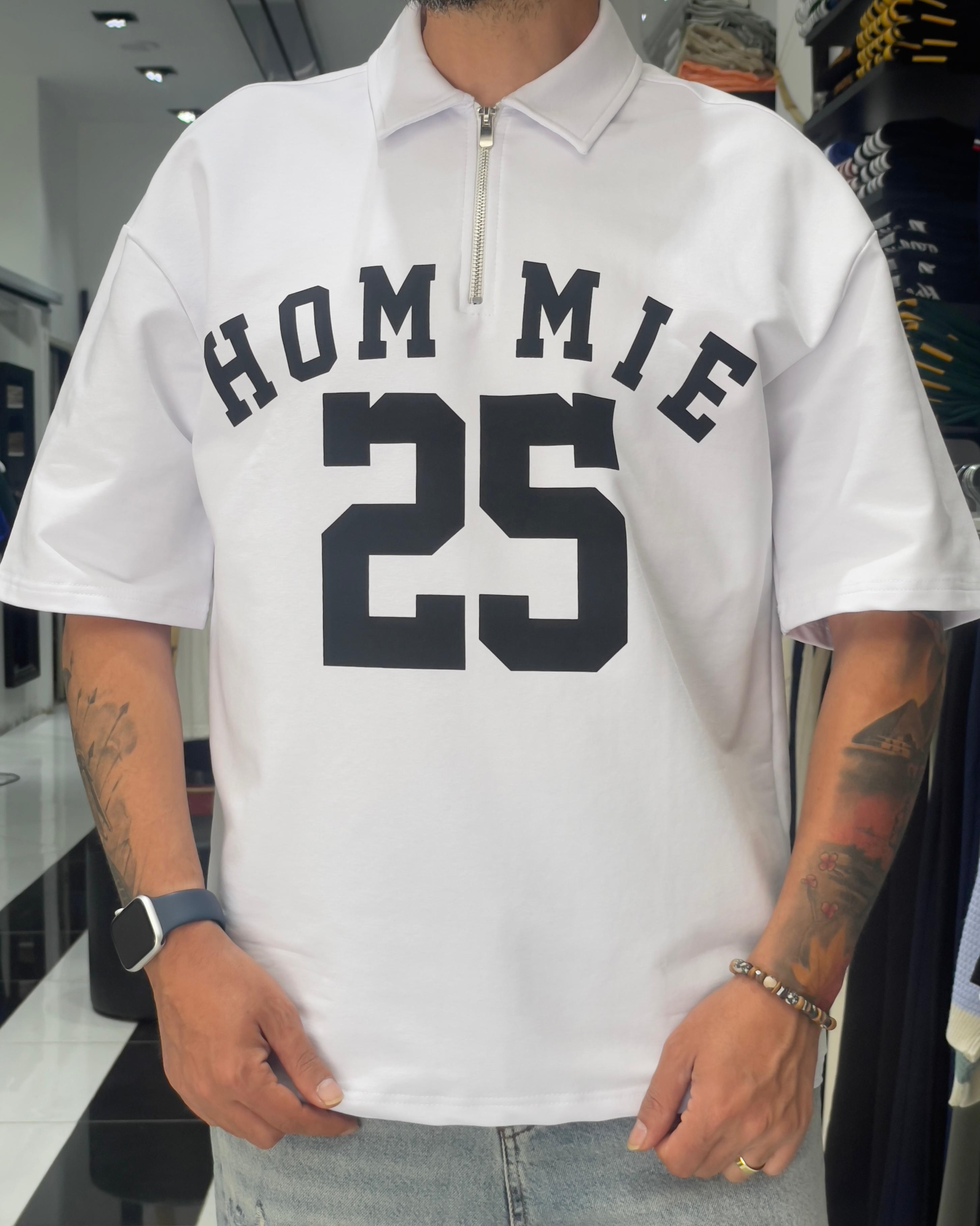 Hommie Baskili Oversize Erkek Polo Yaka T-Shirt - beyaz