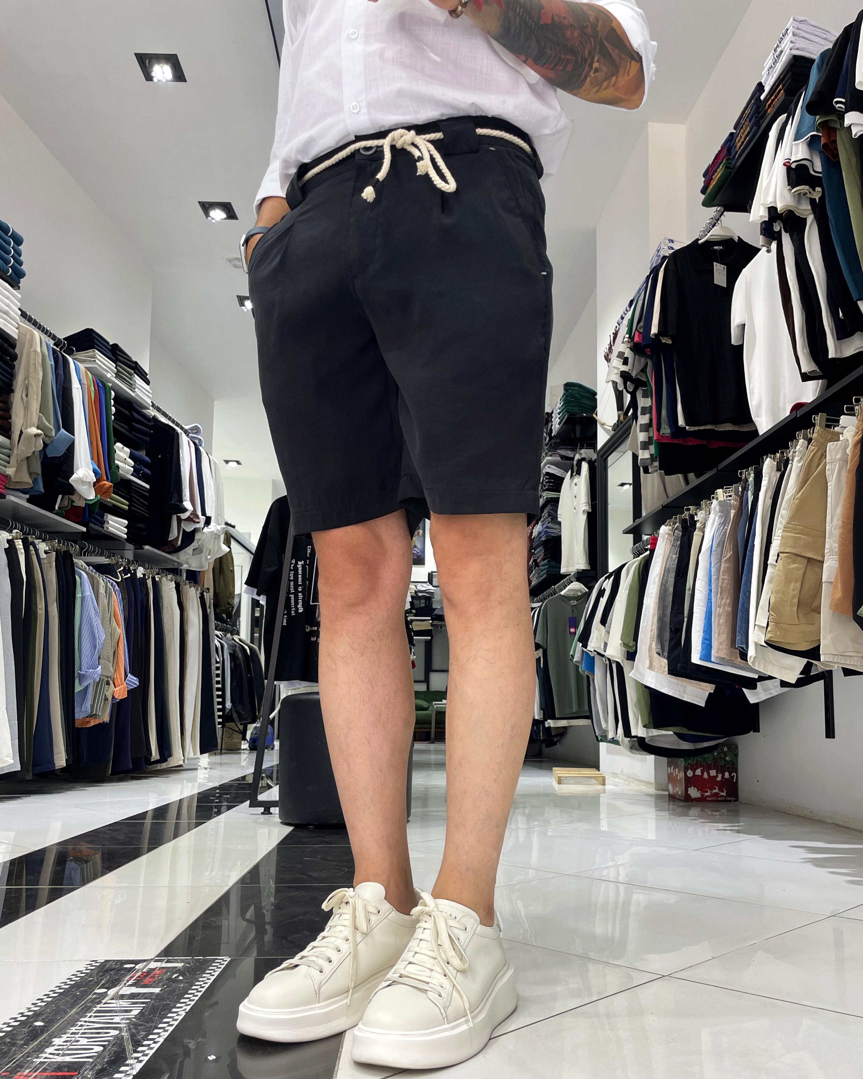 Modal Fabric Belt Detailed Men's Shorts - Black