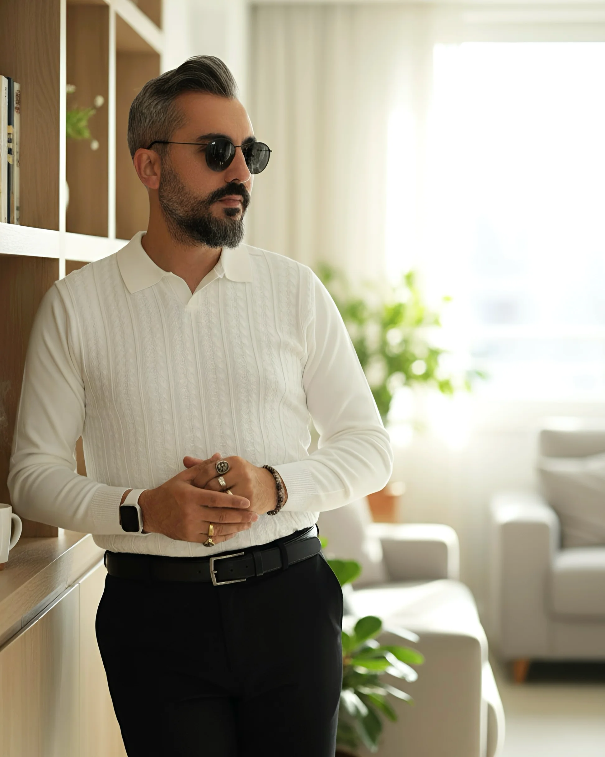 Elegance Erkek Old Money Uzun Kollu Triko Polo Yaka Kazak  - beyaz