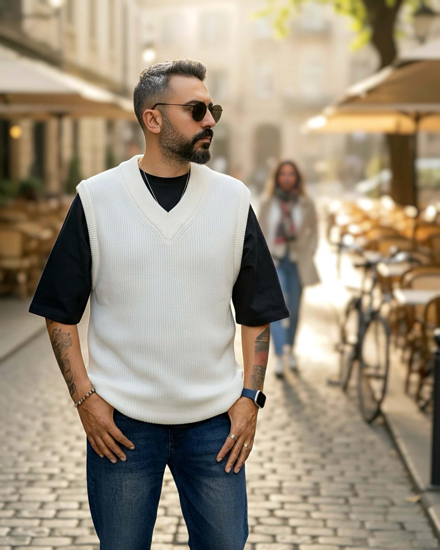 Kolsuz V Yaka Erkek Süveter - beyaz