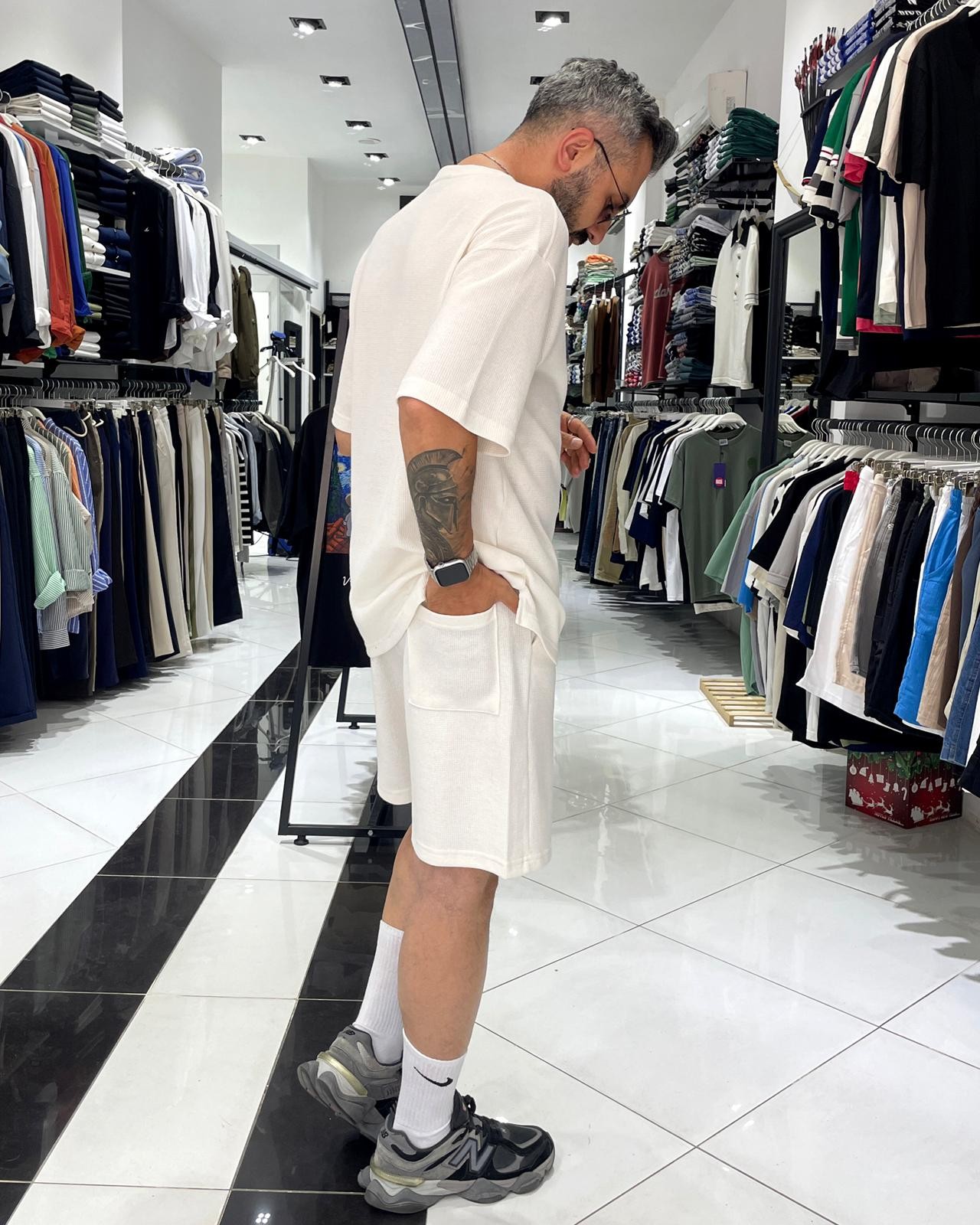 Waffle Kumaş Oversize Erkek T-Shirt & Şort İkili Takım - beyaz