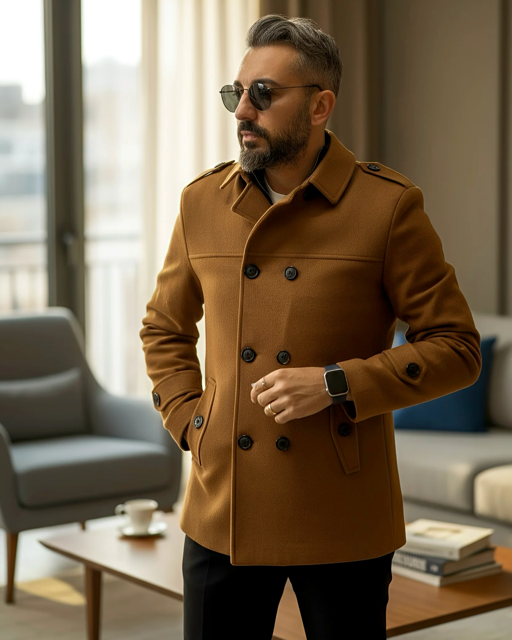 Men's Cashmere Coat with Belt and Epaulette Detail - Camel