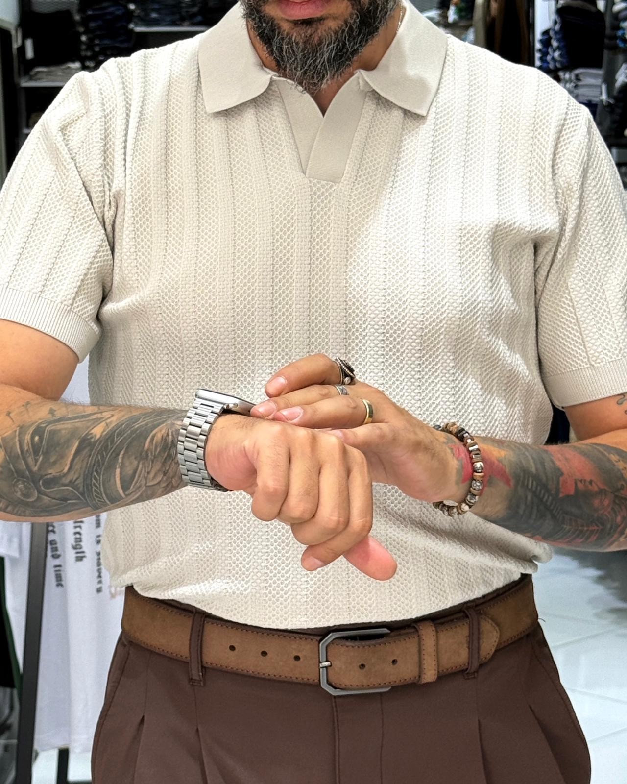 Yaka Detaylı Triko Polo Yaka Erkek T-Shirt