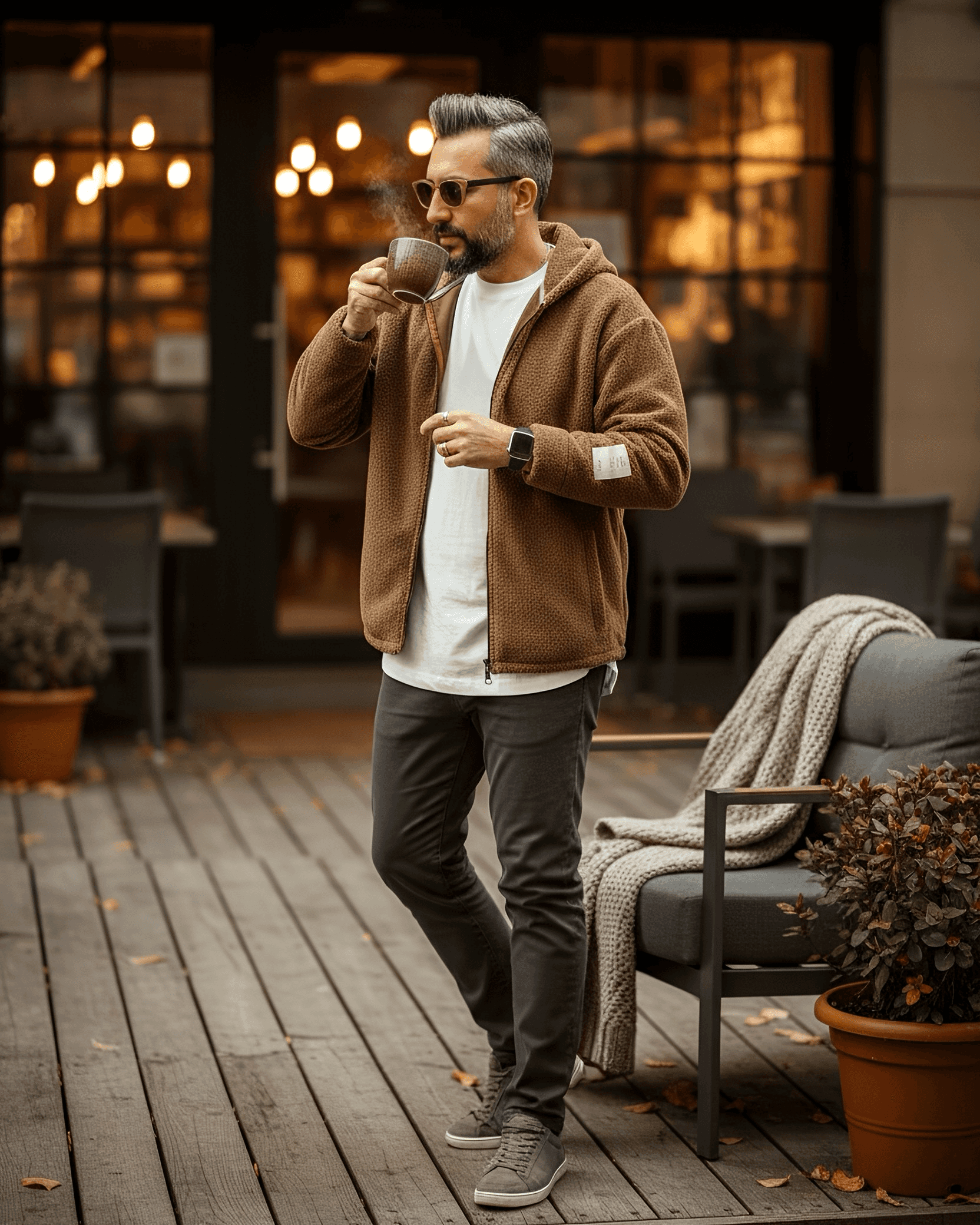 Fermuarlı Erkek Peluş Oversize Hırka - kahverengi