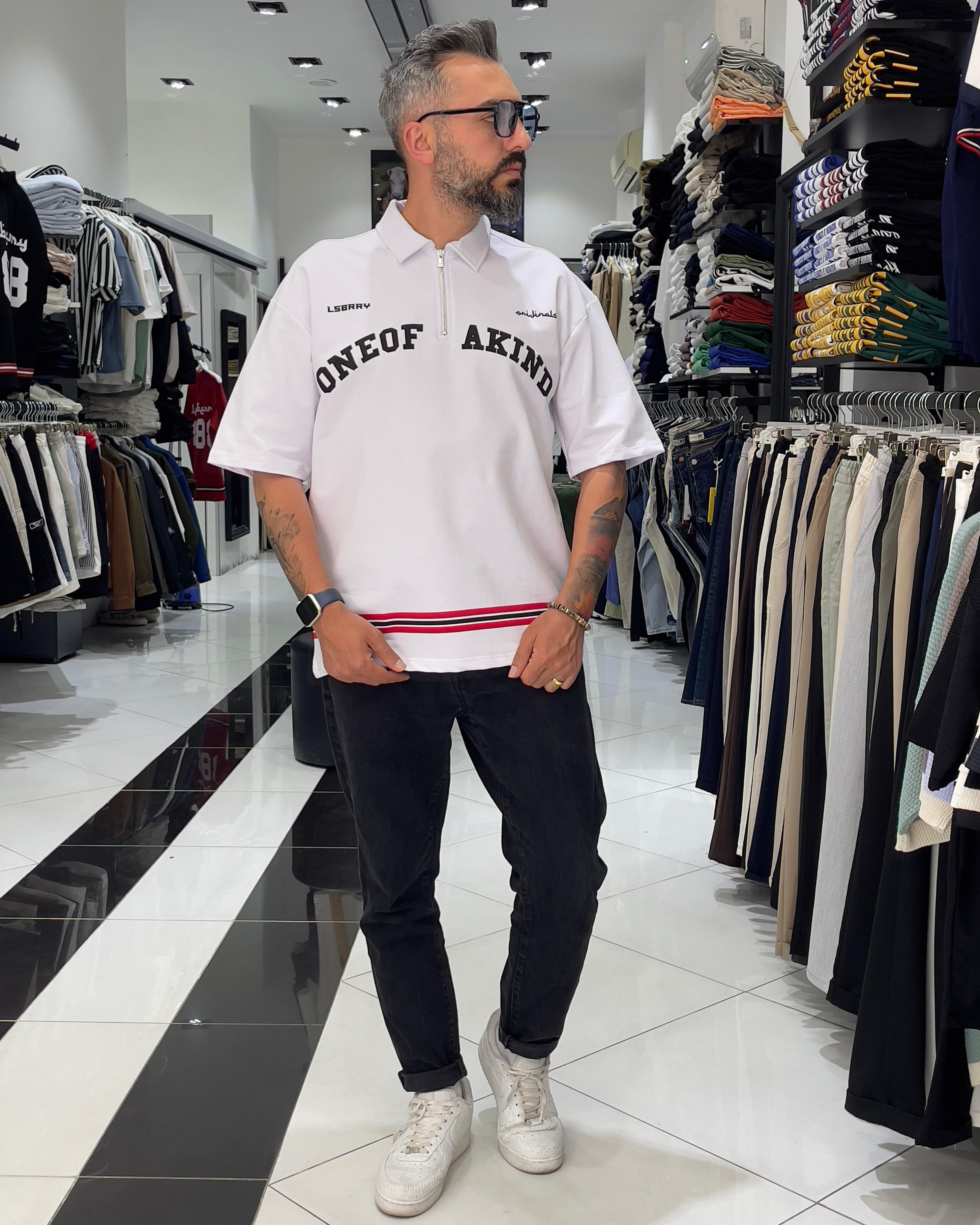 888 Baskılı Oversize Polo Yaka Erkek T-Shirt - beyaz
