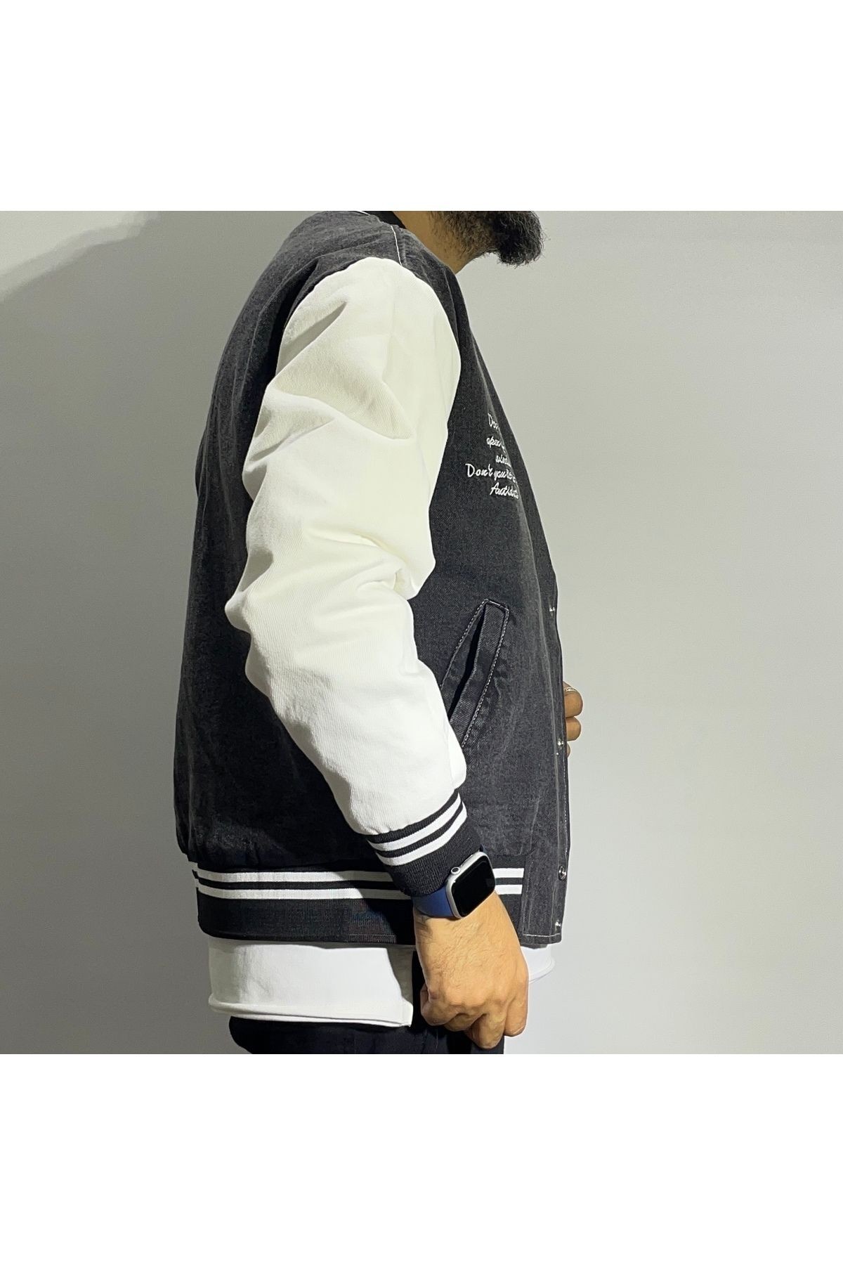 Erkek Denim Oversize Kolej Ceket - siyah