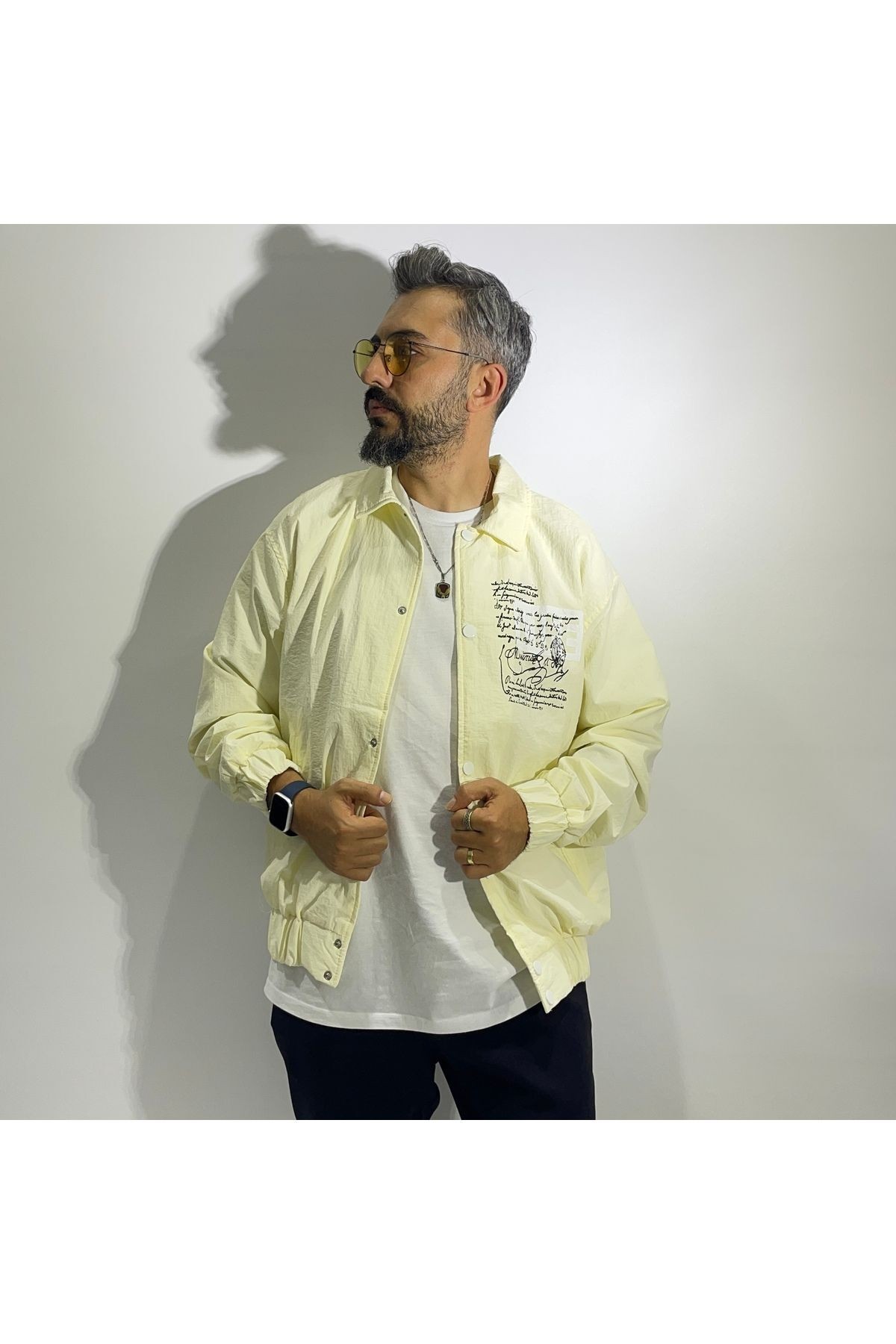 Düğmeli Yazı Detaylı Rüzgarlık - açık krem