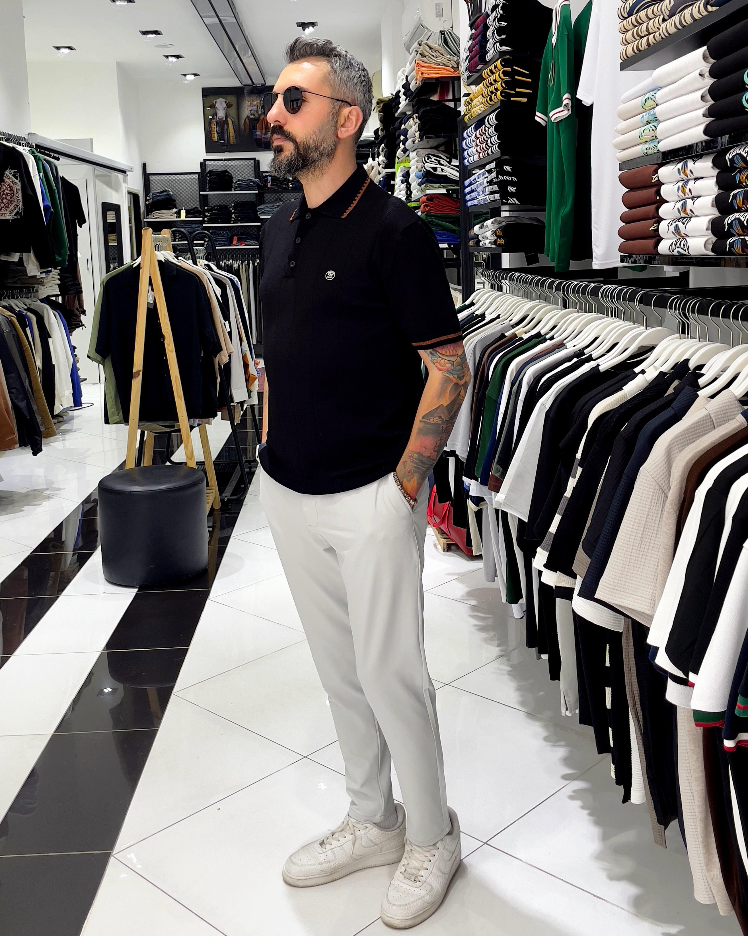 Yaka Ve Kol Detaylı Triko Polo Yaka Erkek T-Shirt