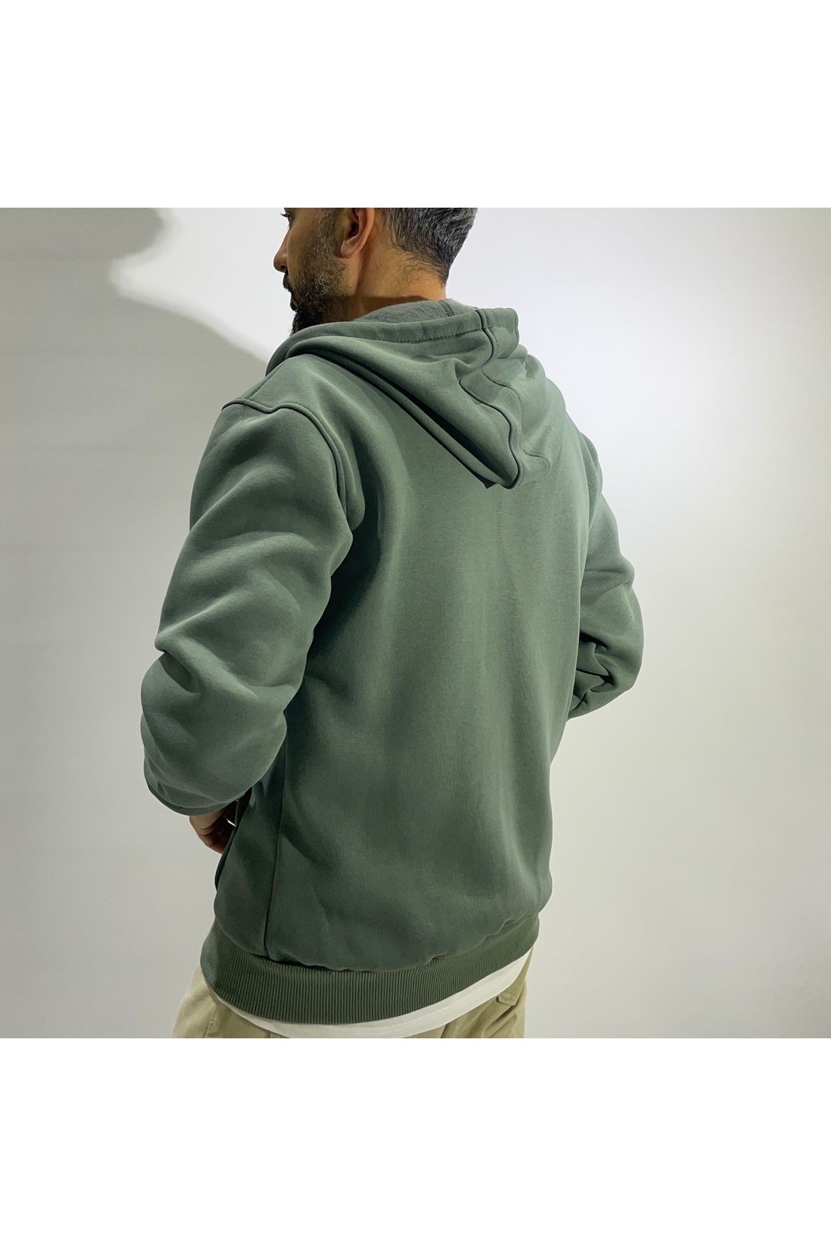 Fermuarlı Kapüşonlu Basic Erkek Sweatshirt - yeşil
