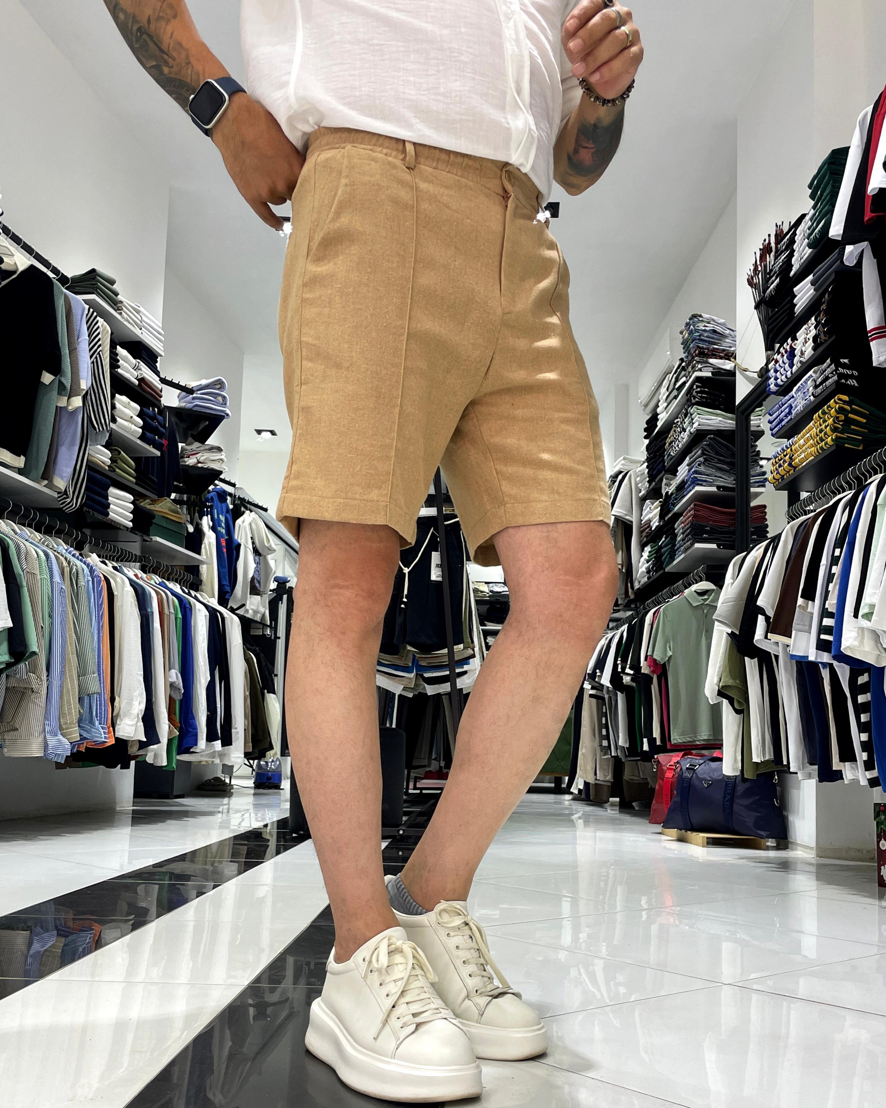 Relaxed Fit Çima Çizgi Detaylı Erkek Keten Pamuk Şort