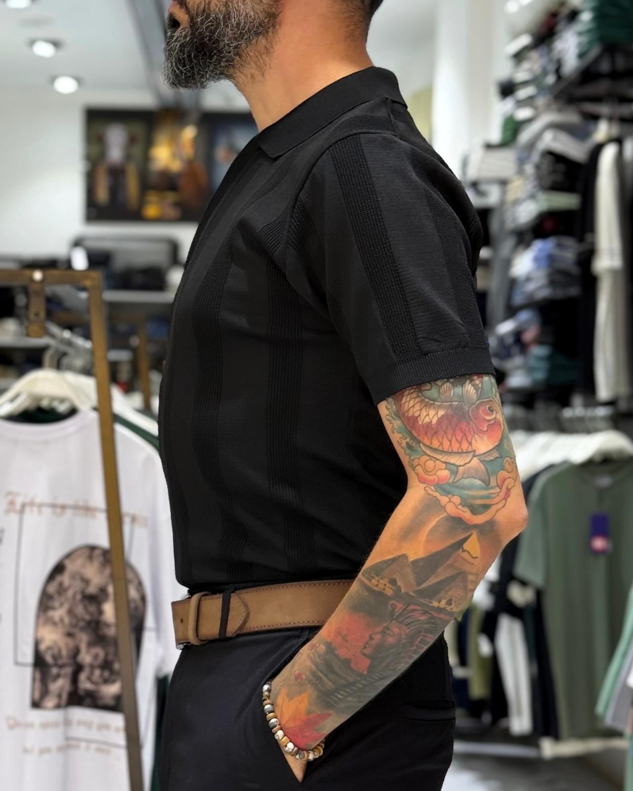  Desenli Polo Yaka Yarım Fermuarlı Erkek T-Shirt