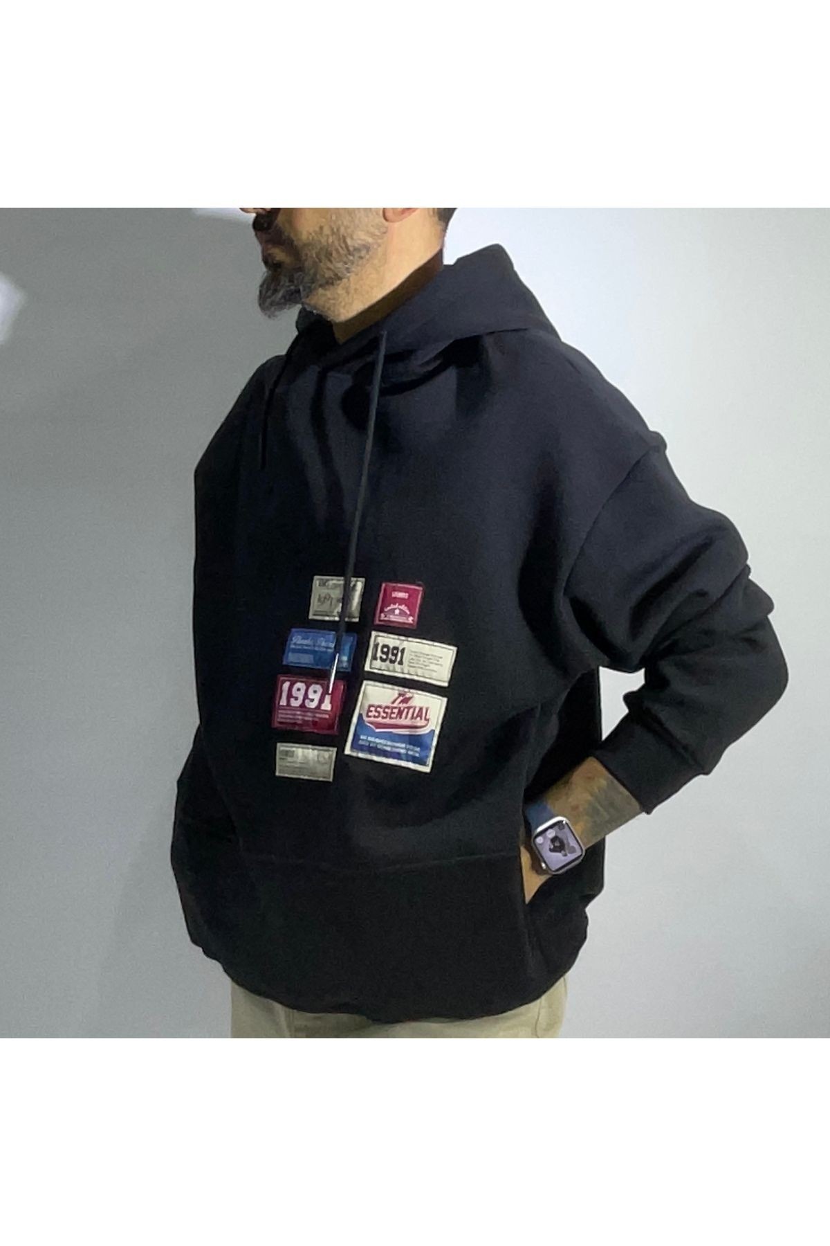 Patchli Oversize Erkek Hoodie