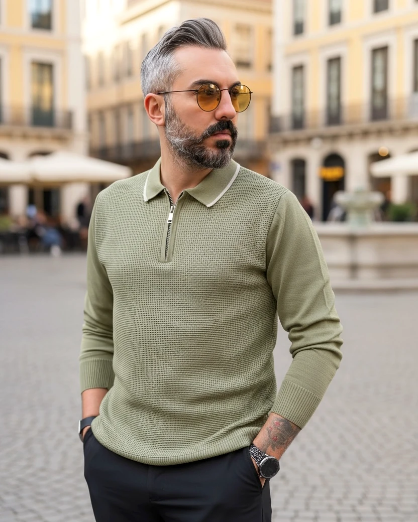 Old Money Erkek Yarım Fermuarlı Triko Kazak - yeşil