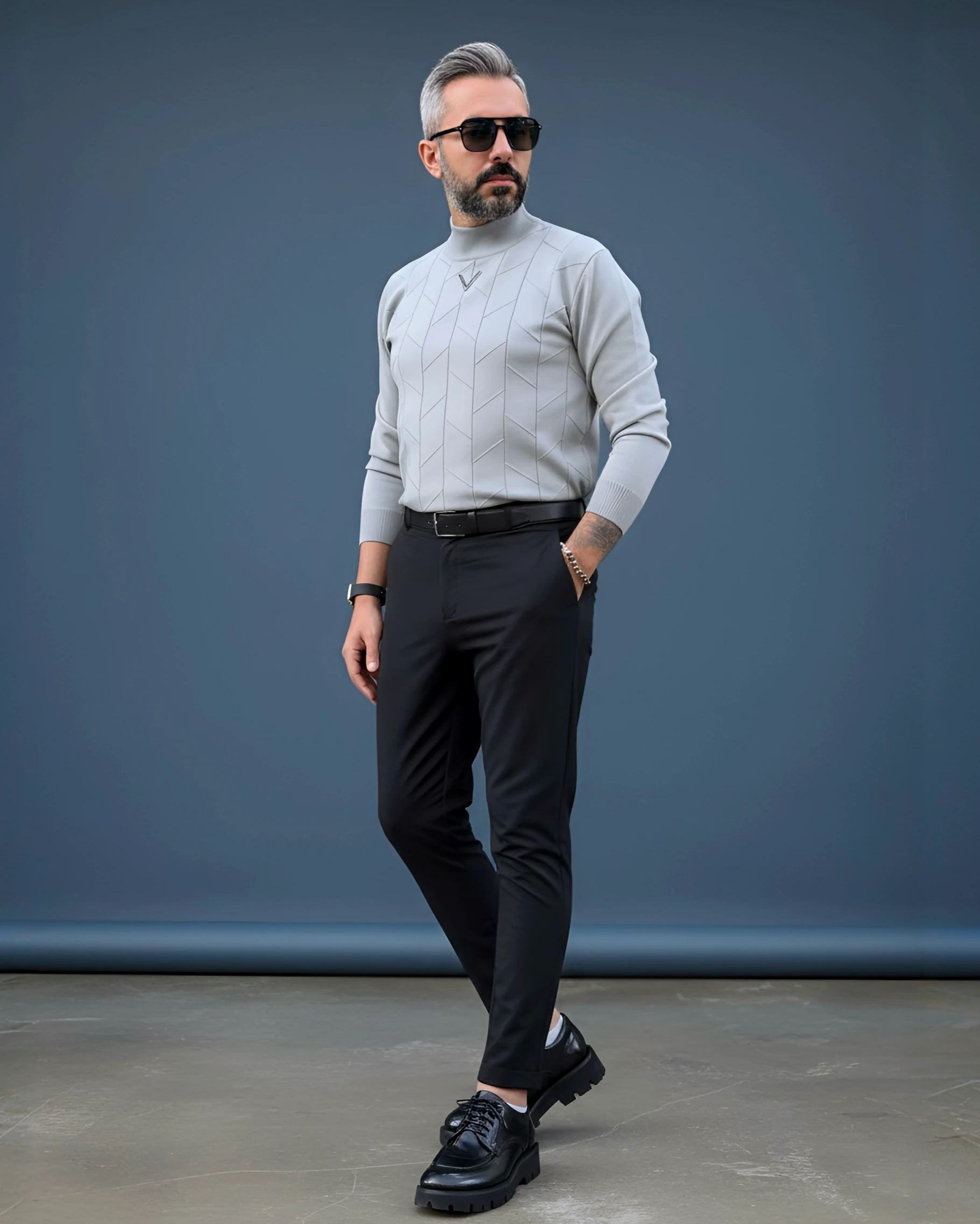 Yarım Balıkçı Desenli Triko Erkek Kazak - gri