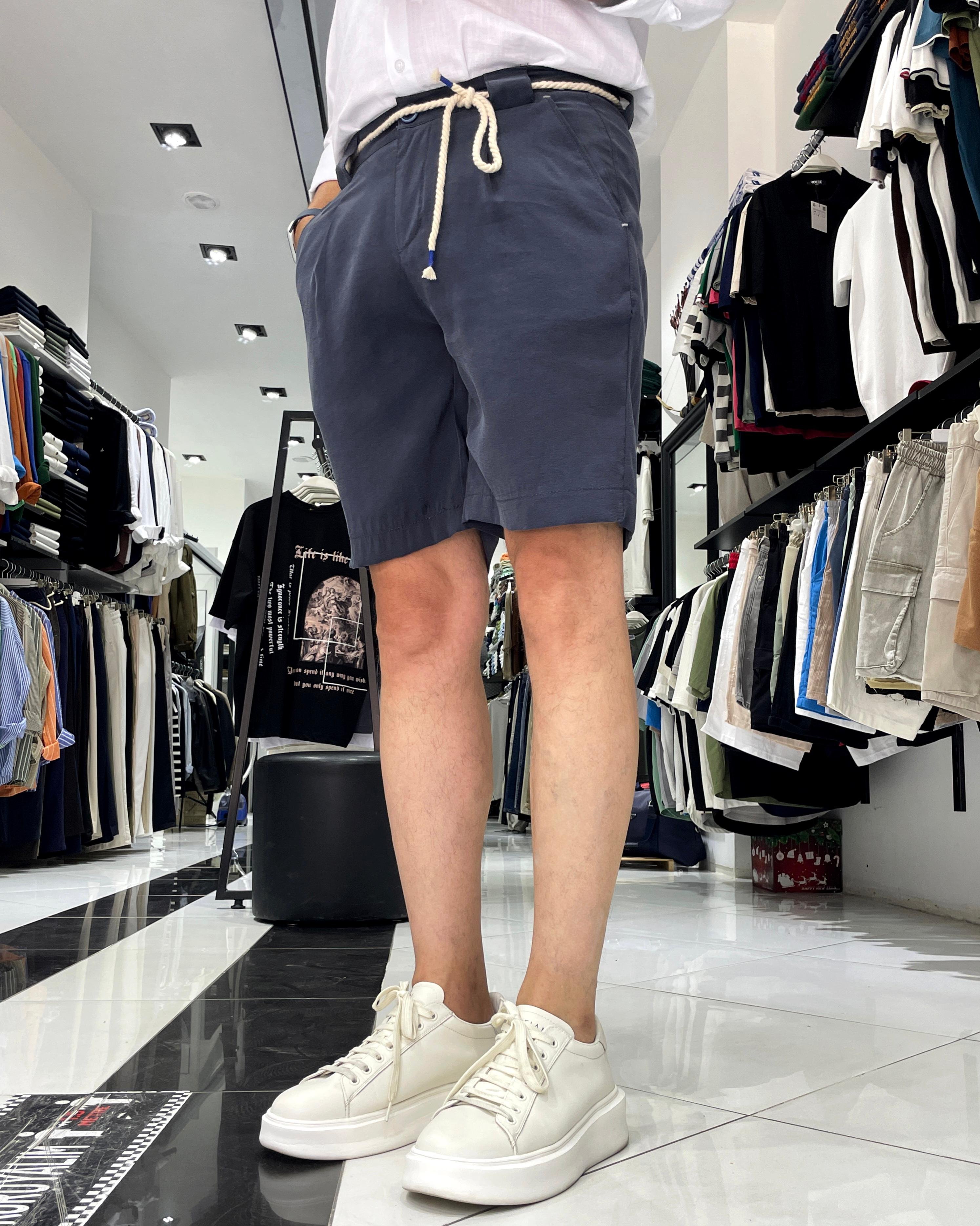Modal Fabric Belt Detailed Men's Shorts - Navy blue