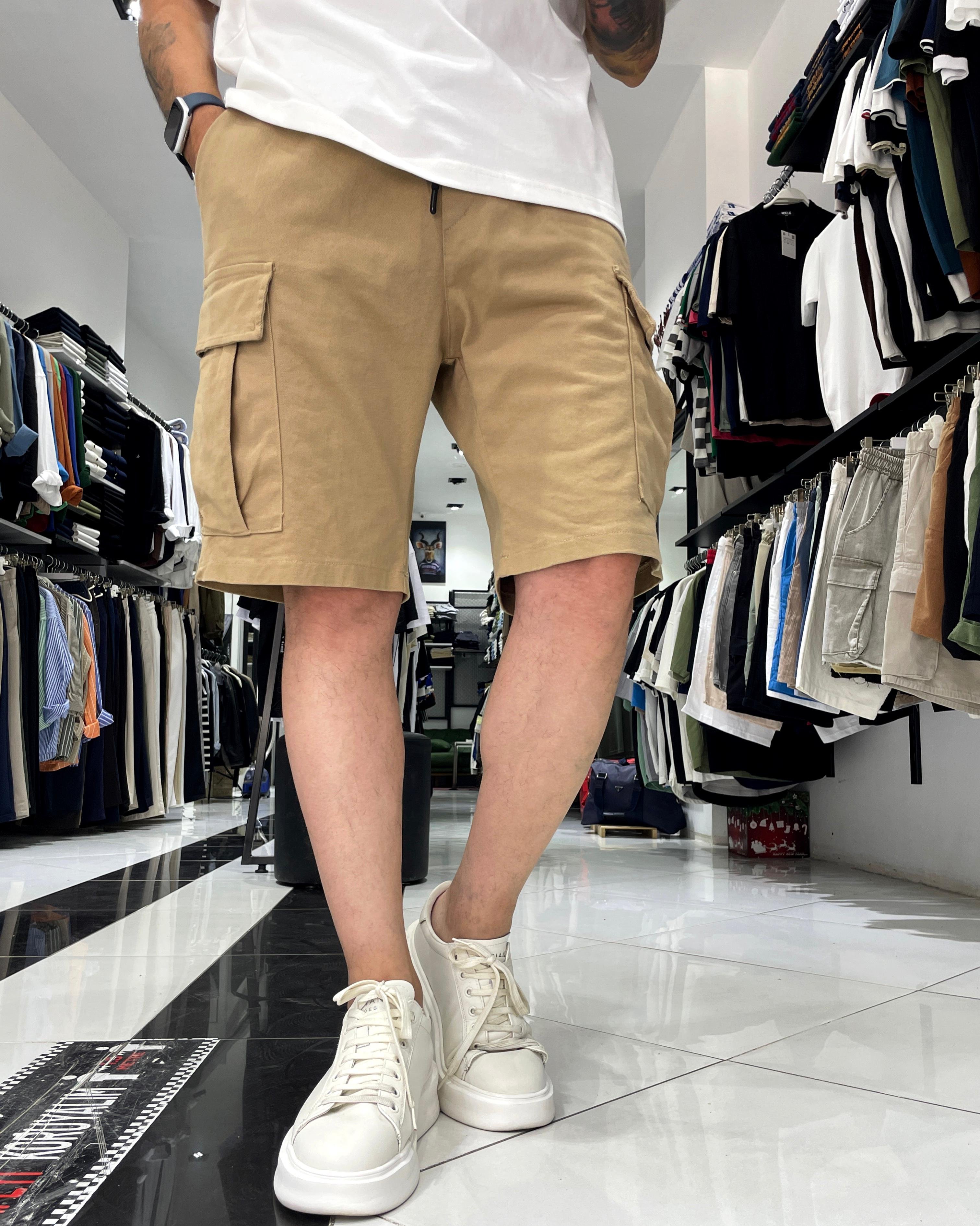 Elastic Waist Denim Shorts with Cargo Pockets - Beige