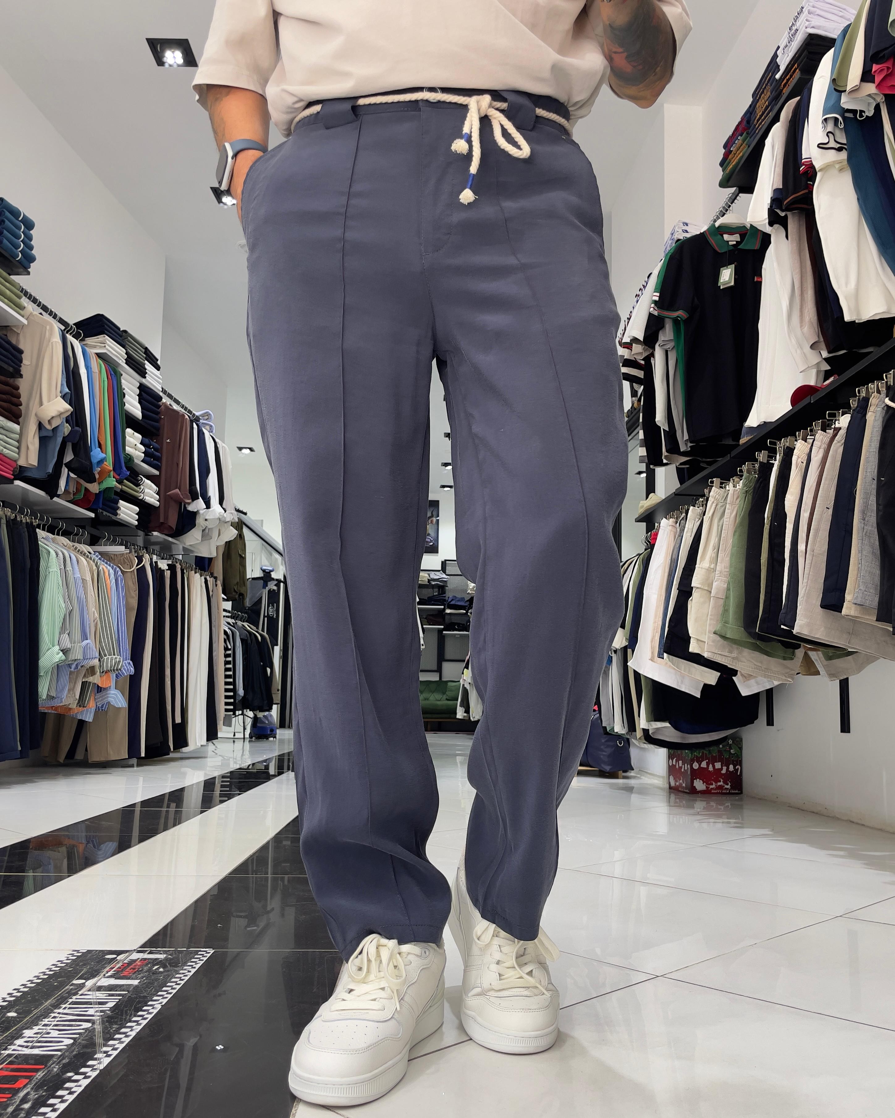 Modal Kumaş Kemer Detaylı Baggy Fit Erkek Pantolon - indigo