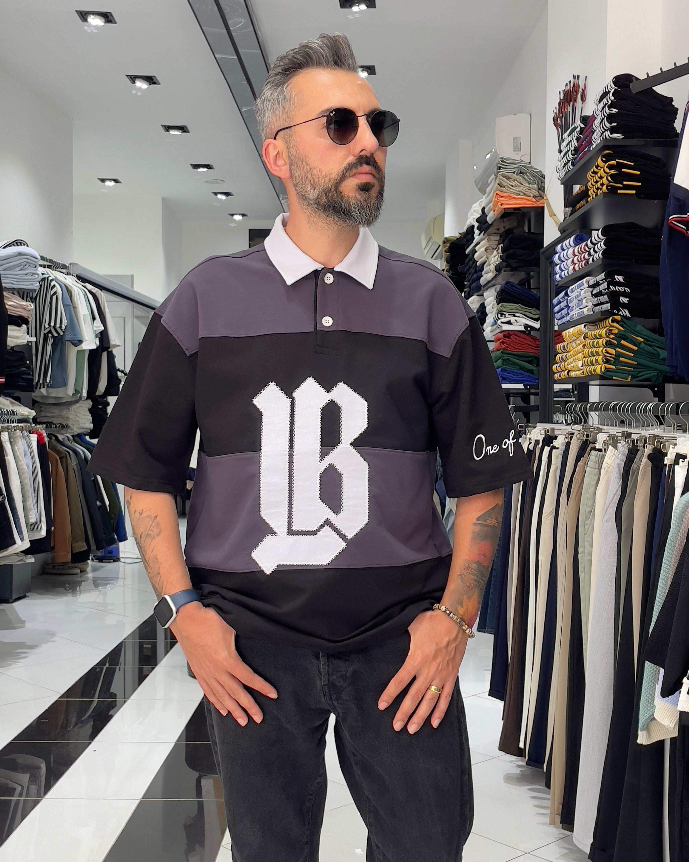 LB Nakışlı Yarım Fermuarlı Oversize Polo Yaka Erkek T-Shirt