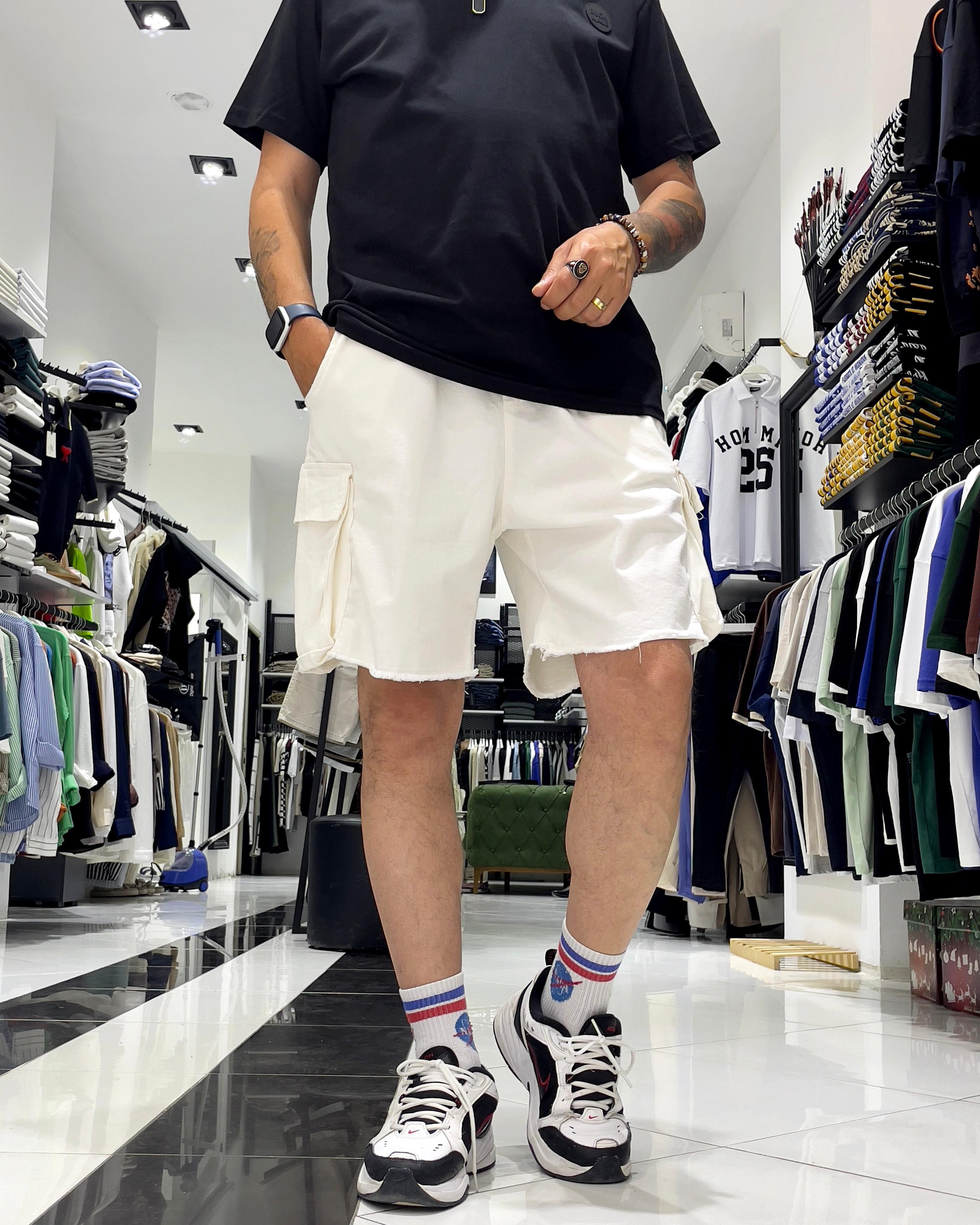 Baggy Fit Organik Denim Erkek Kargo Şort – Higo Man - beyaz