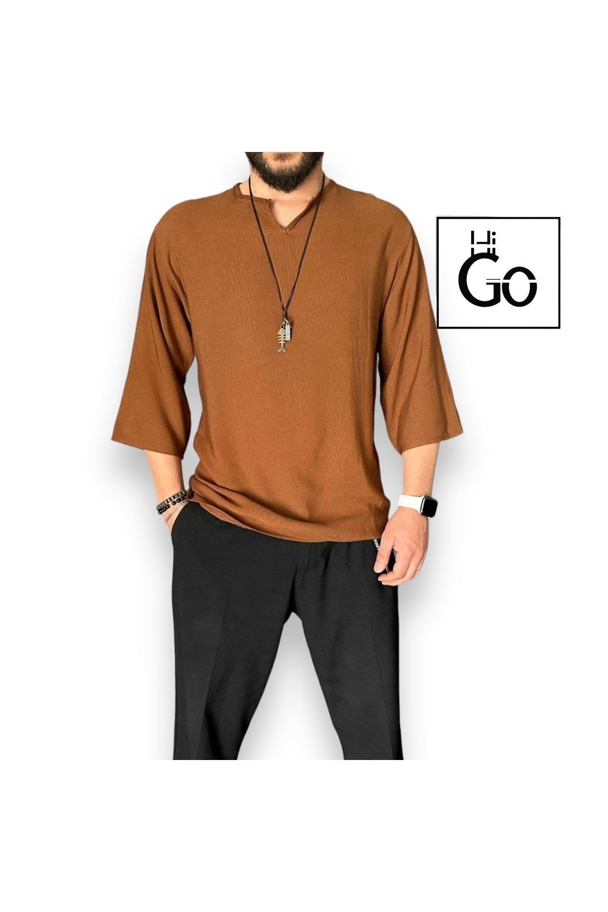 Fakir Kol Erkek Keten T-Shirt - kahve