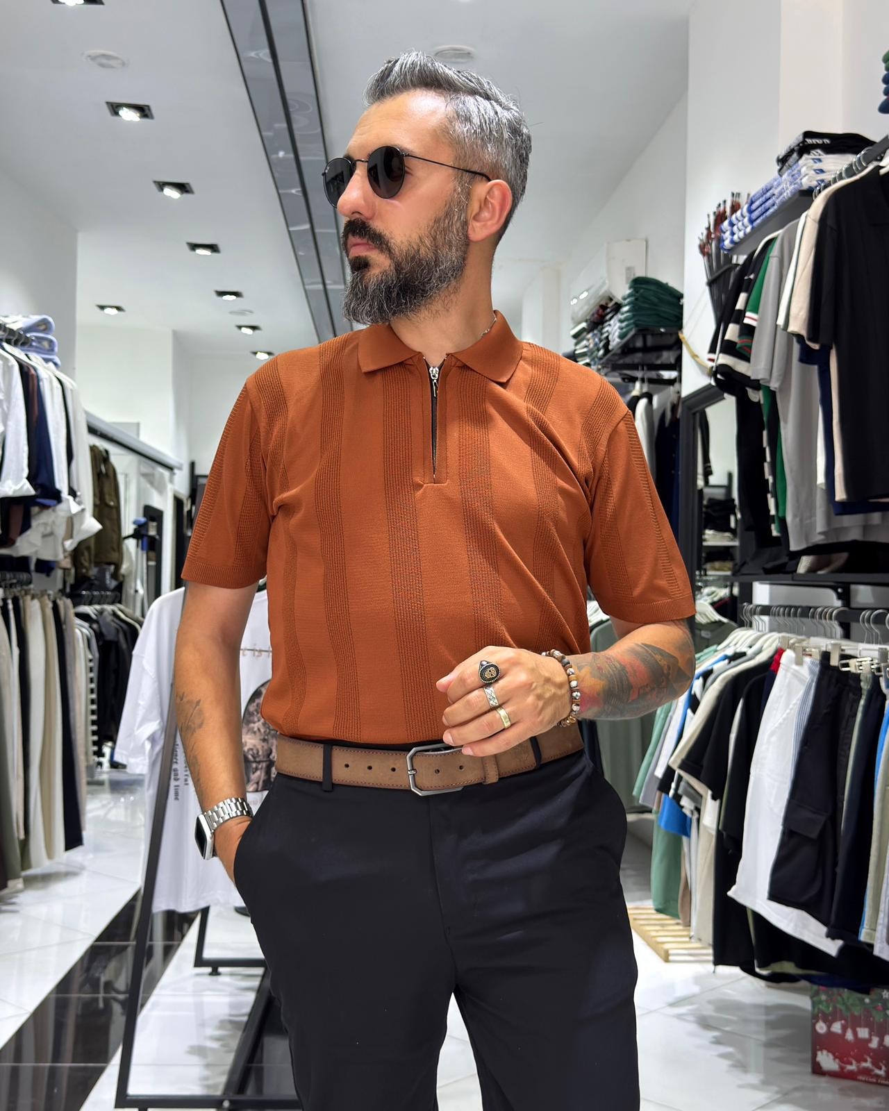  Desenli Polo Yaka Yarım Fermuarlı Erkek T-Shirt - kiremit