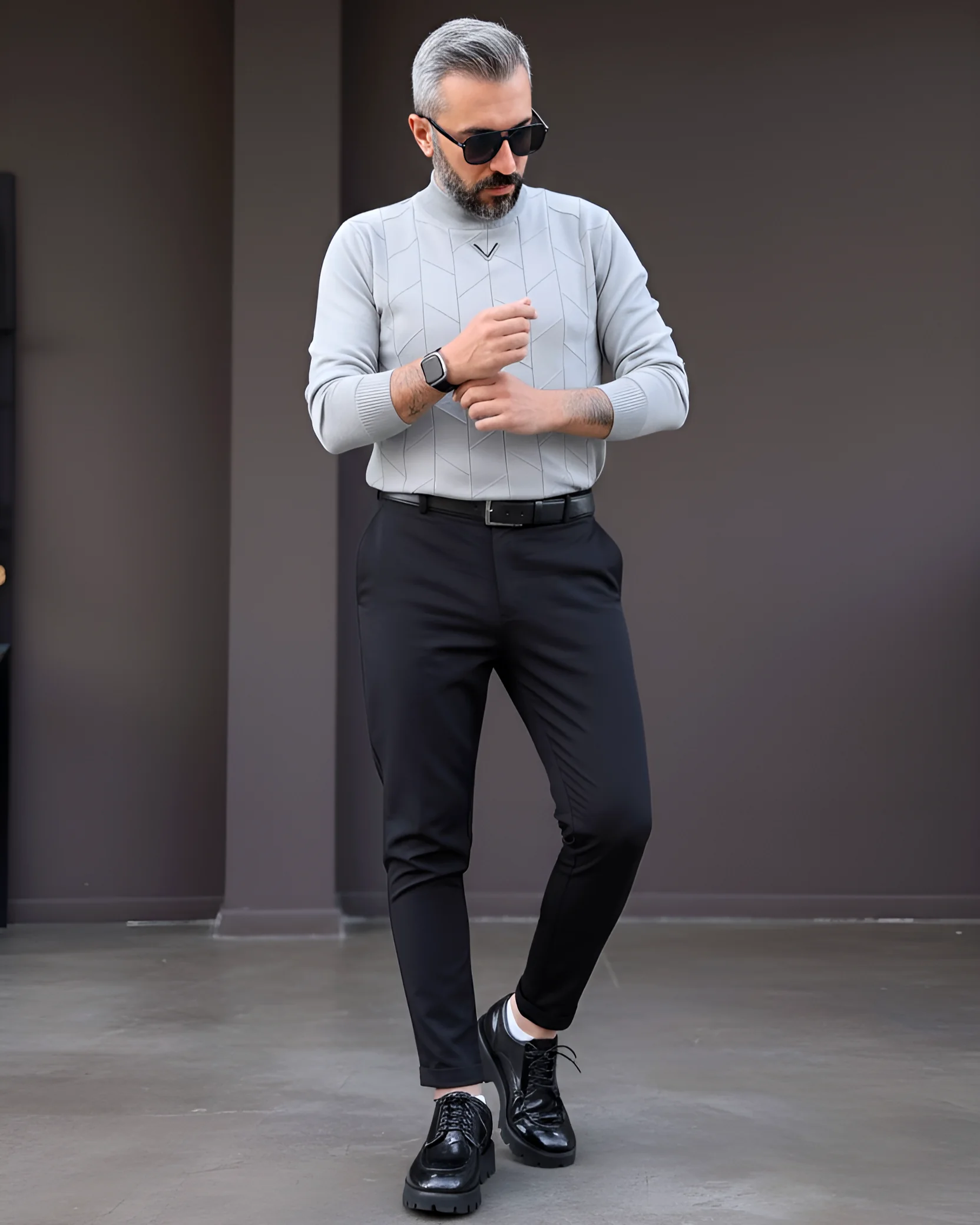 Yarım Balıkçı Desenli Triko Erkek Kazak - gri