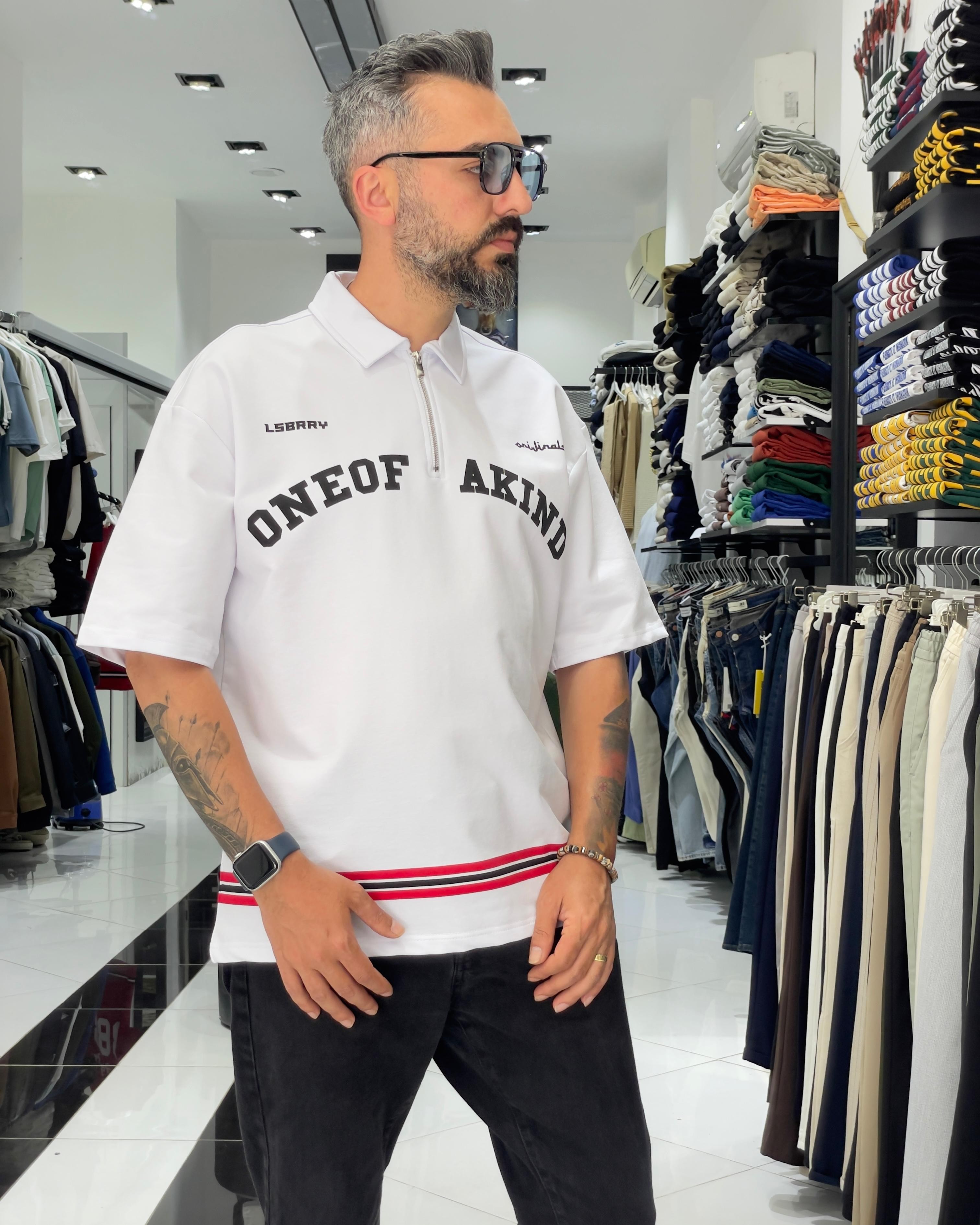 888 Baskılı Oversize Polo Yaka Erkek T-Shirt - beyaz