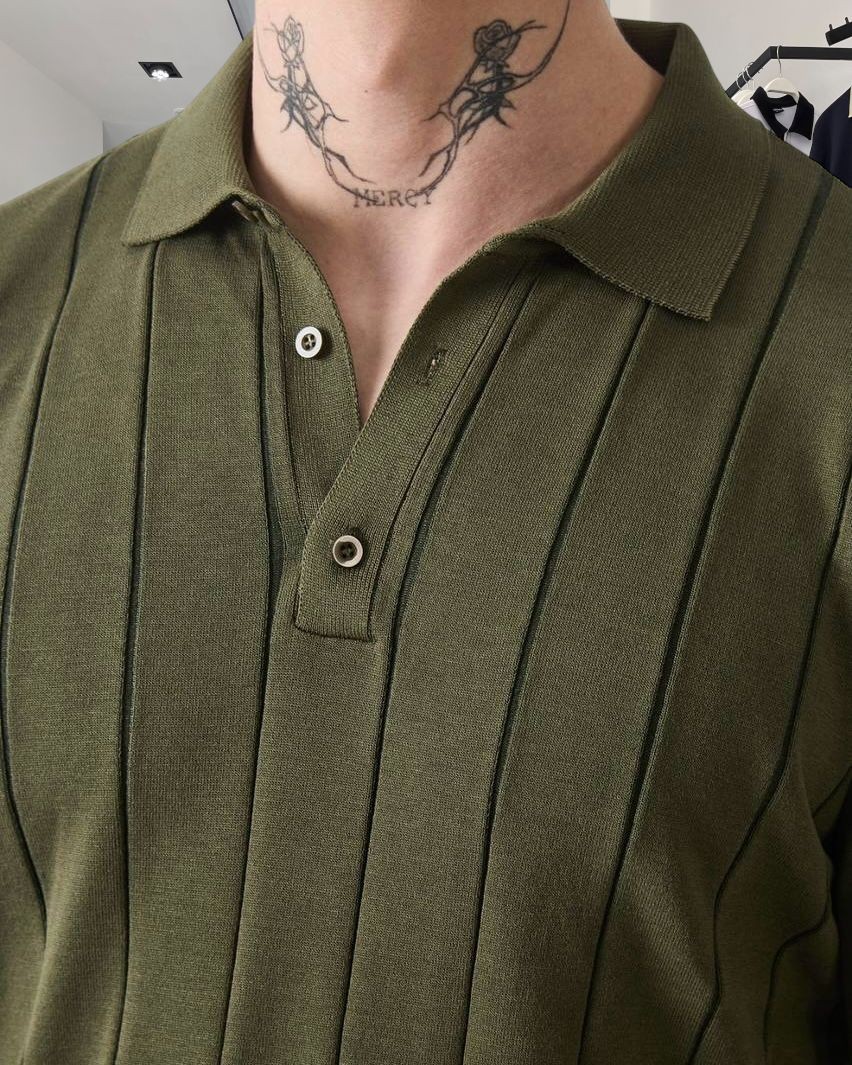 Dikey Desenli Triko Polo Yaka Erkek T-Shirt - haki