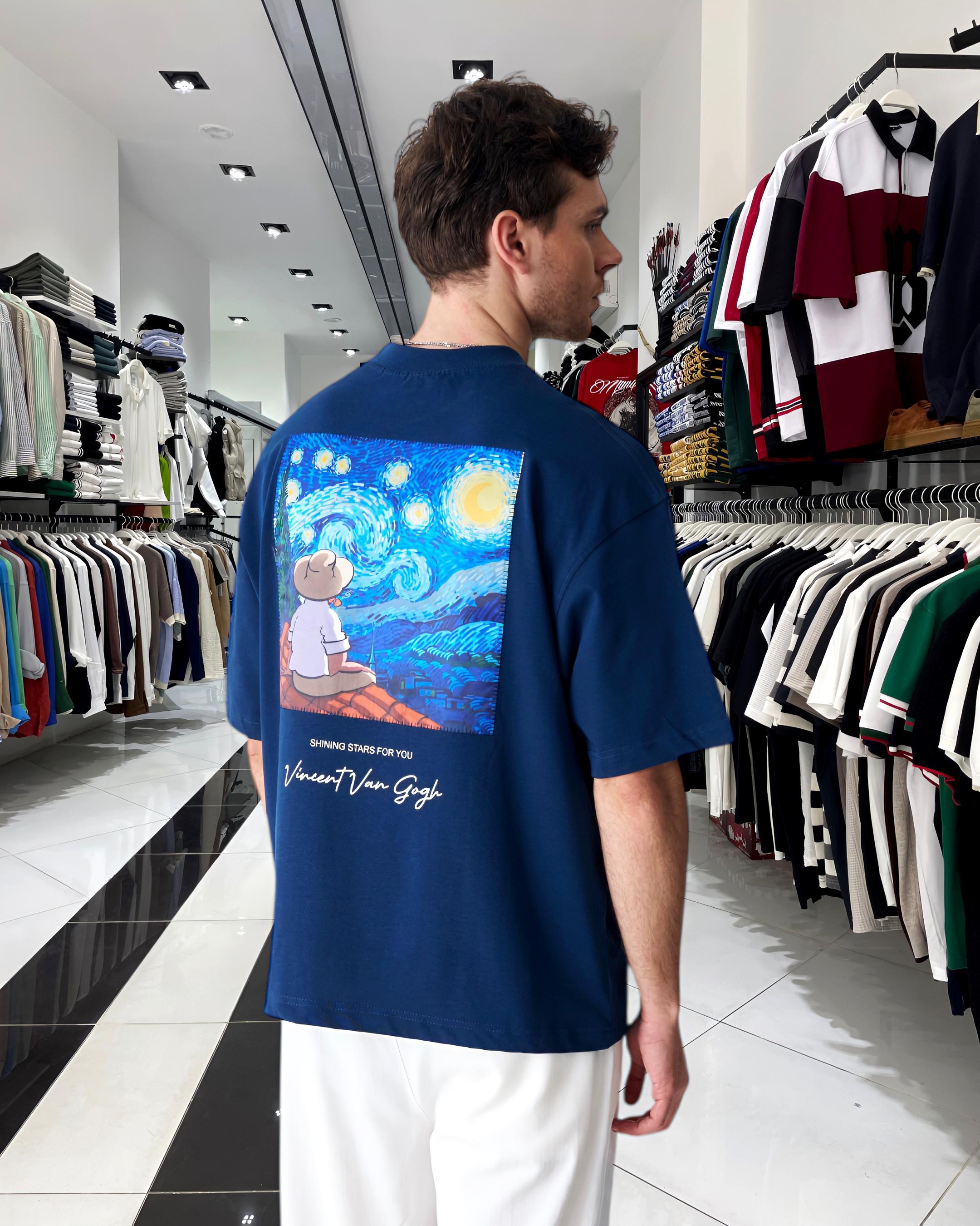 Starry Vision Sırt Kumaş Baskı Van Gogh Oversize Erkek T-Shirt - lacivert