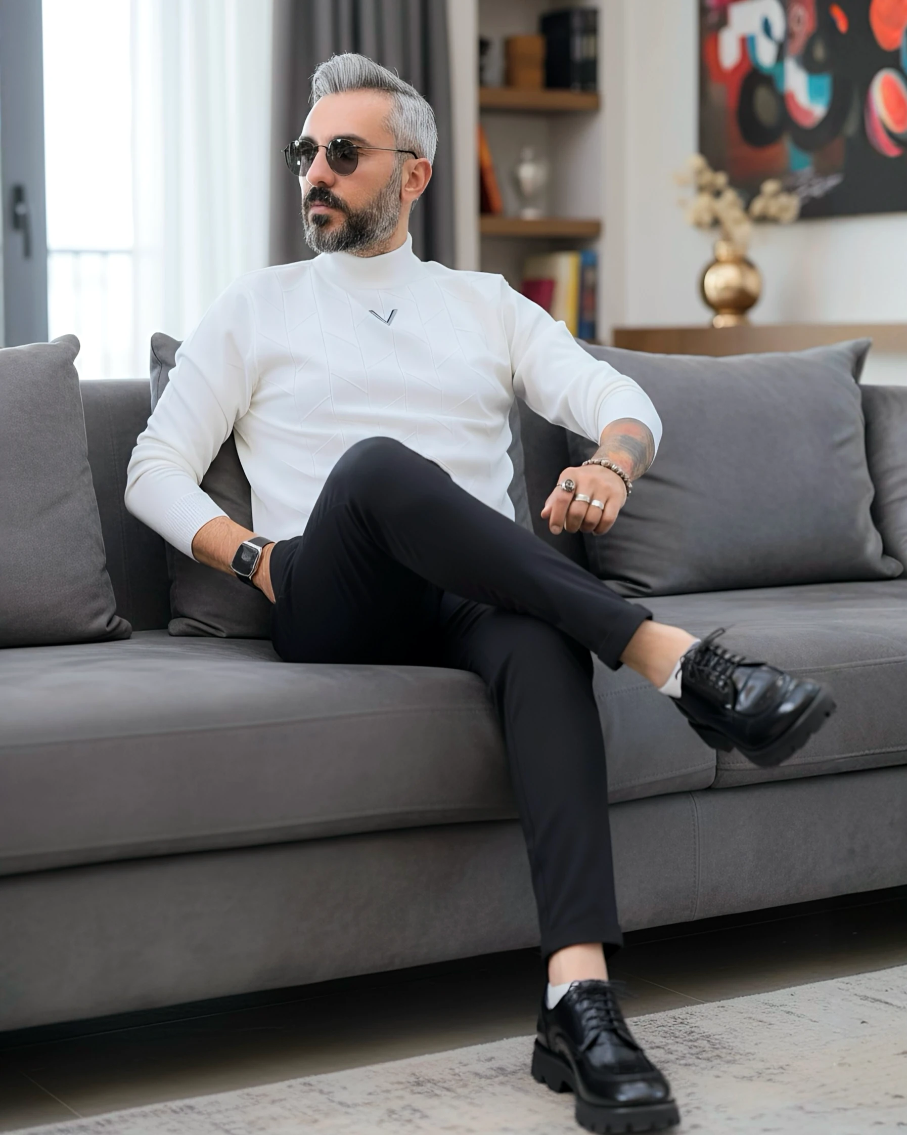 Yarım Balıkçı Desenli Triko Erkek Kazak - beyaz