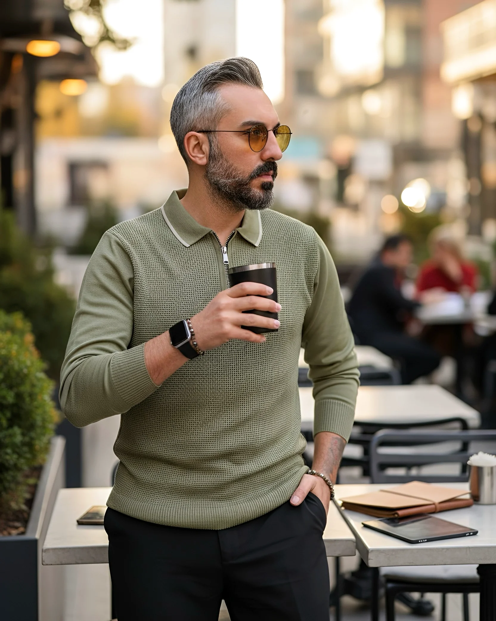 Old Money Erkek Yarım Fermuarlı Triko Kazak - yeşil