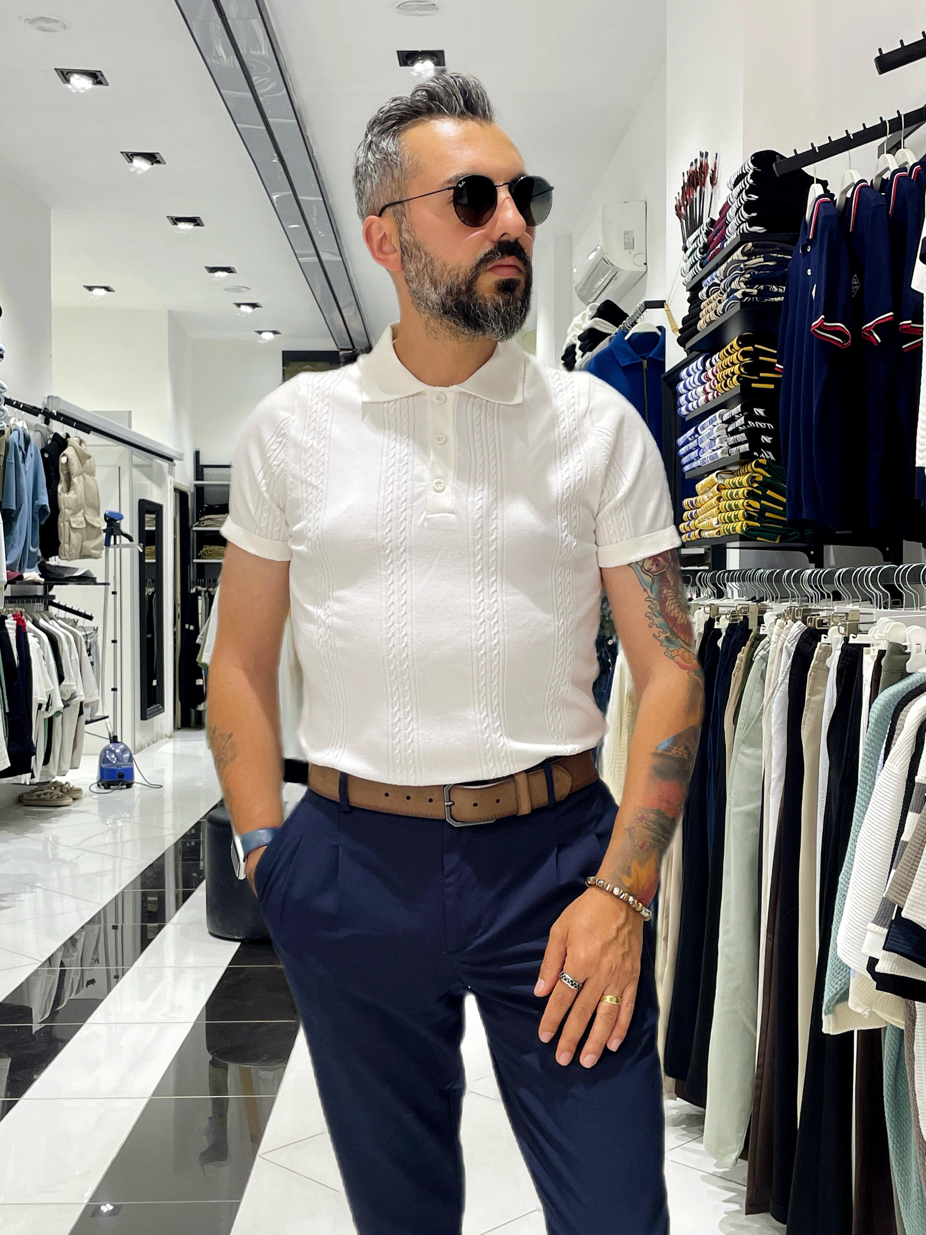 Old Money Erkek Triko Polo Yaka T-Shirt Beyaz