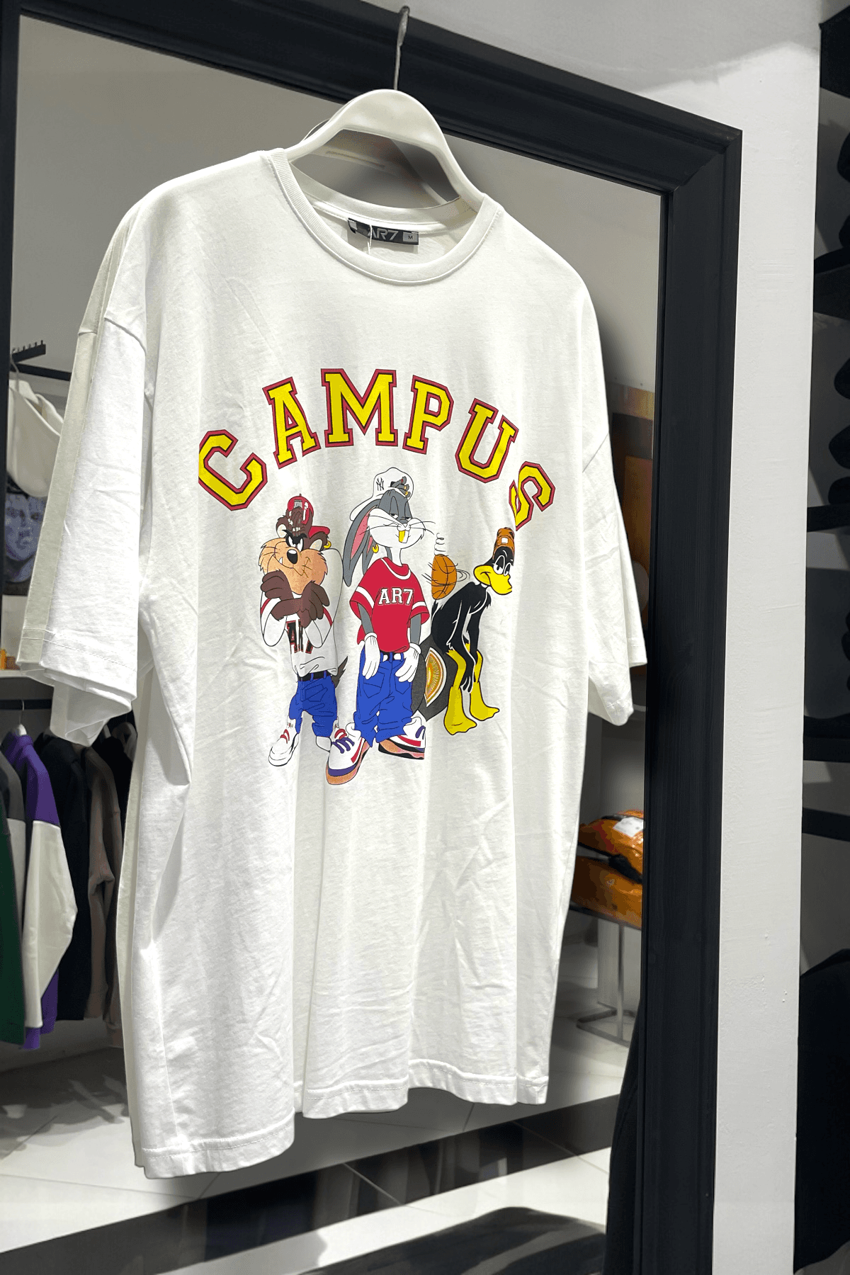 Kampüs Baskılı Oversize %100 Pamuk Erkek T-Shirt – Higo Man - beyaz