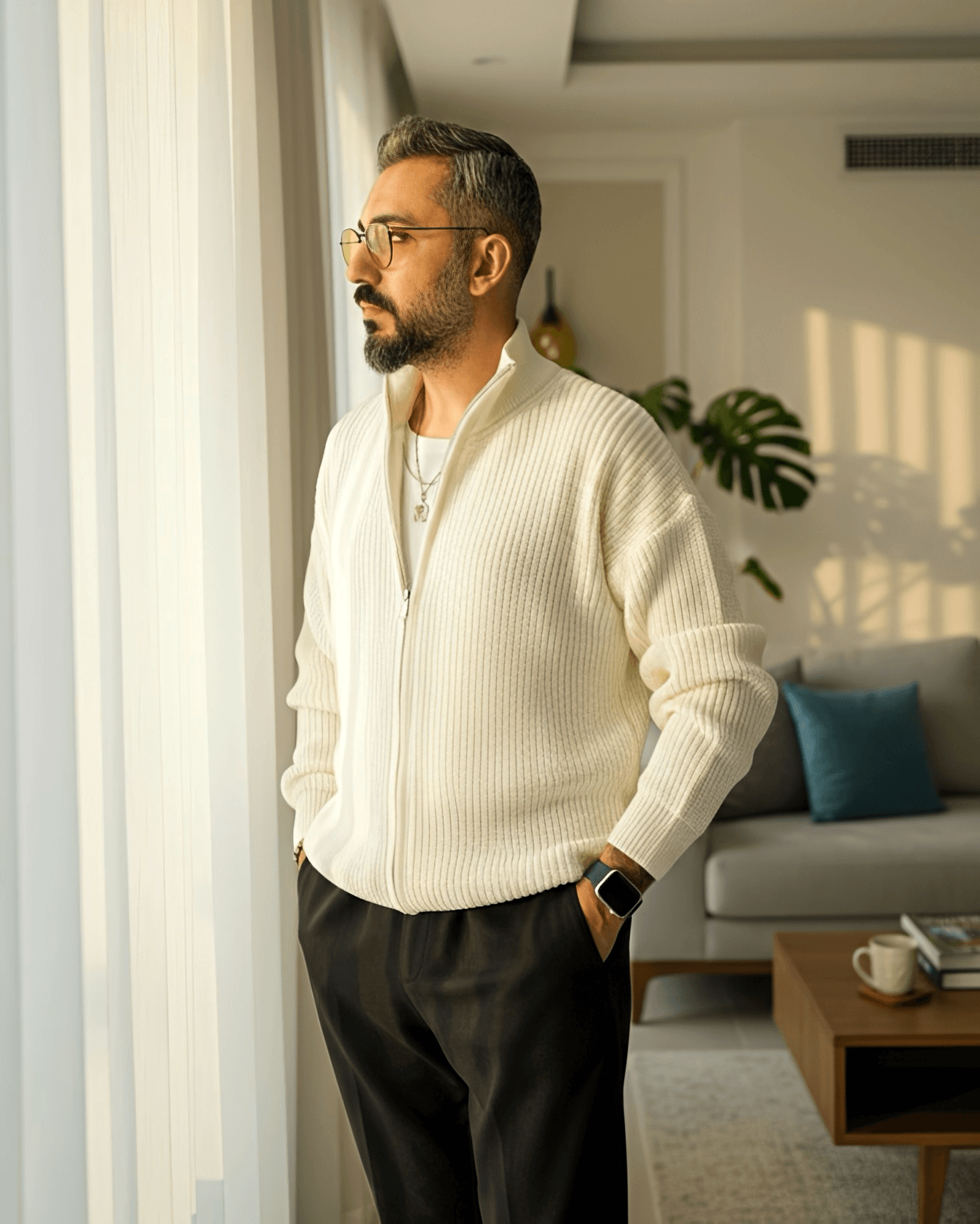 Selanik Örgü Fermuarlı Oversize Erkek Hırka - ekru