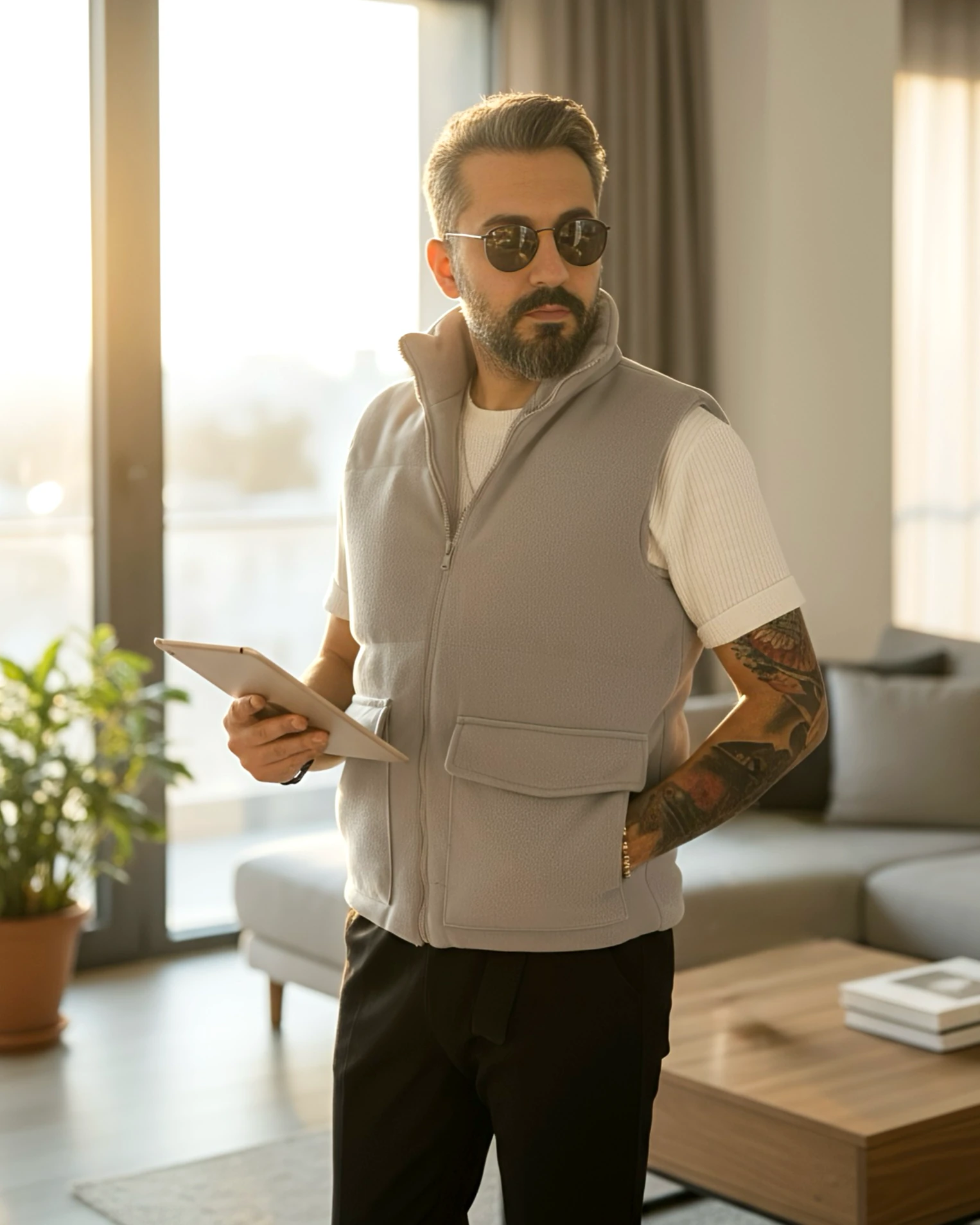 Fiber Filled Cashmere Zippered Men's Vest - Grey