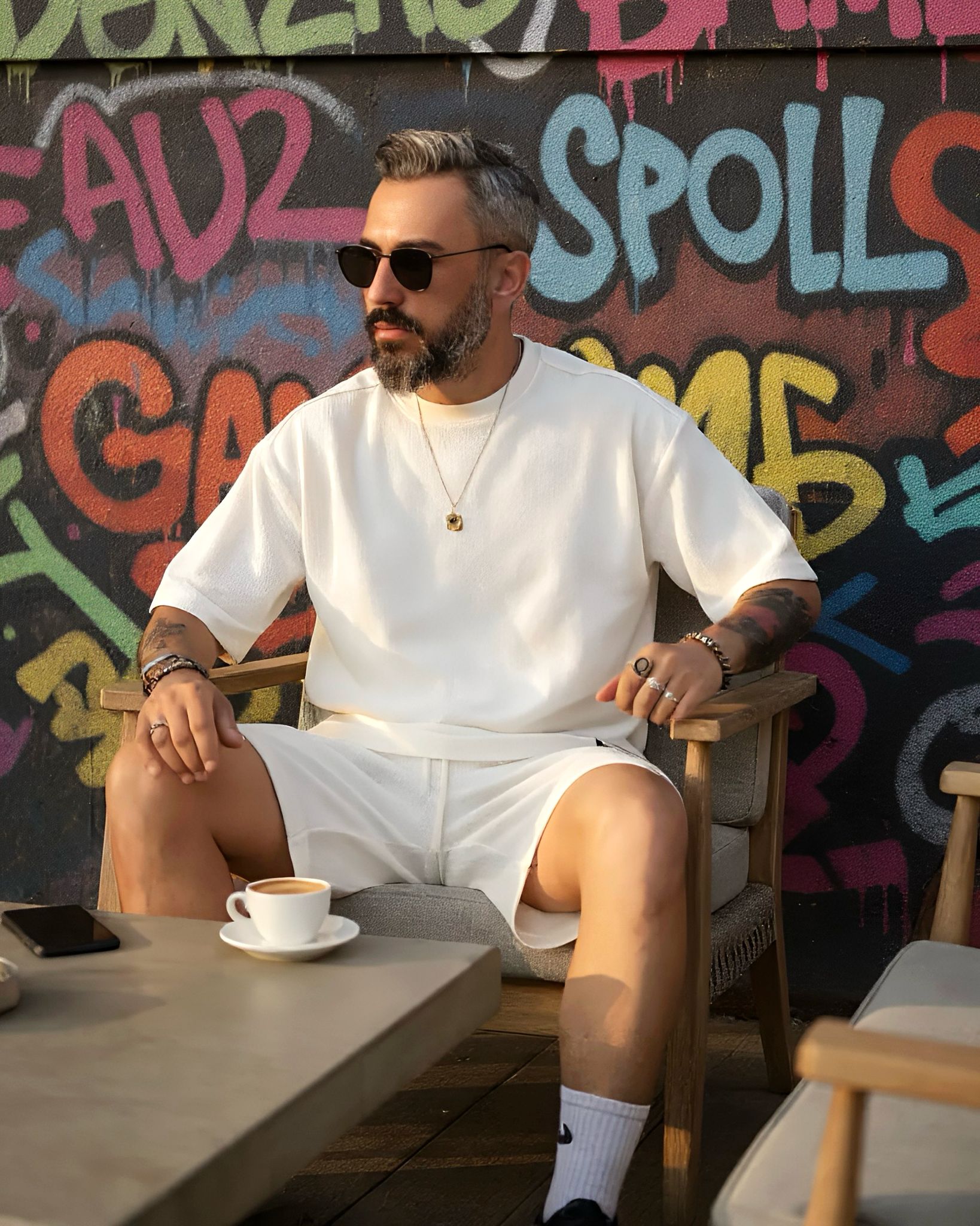 Waffle Kumaş Oversize Erkek T-Shirt & Şort İkili Takım - beyaz