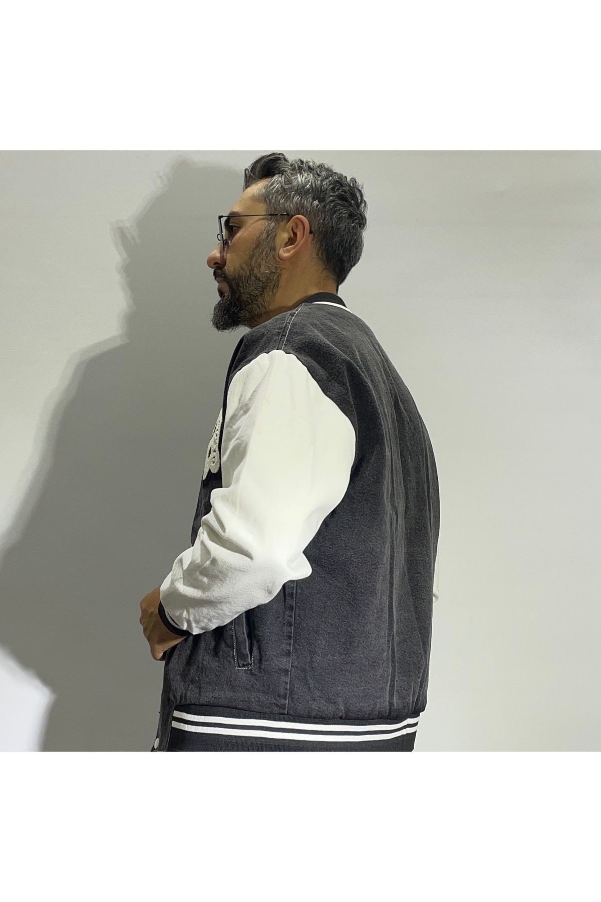 Erkek Denim Oversize Kolej Ceket - siyah