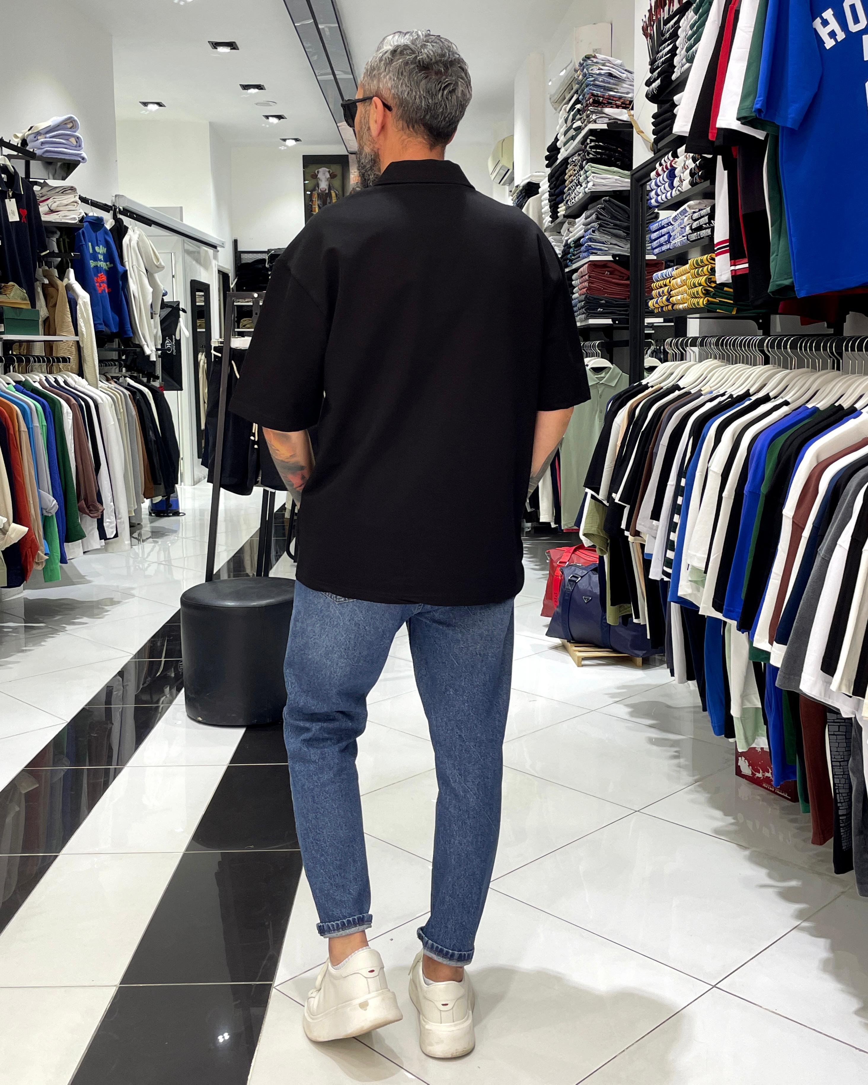 Hommie Baskili Oversize Erkek Polo Yaka T-Shirt - siyah