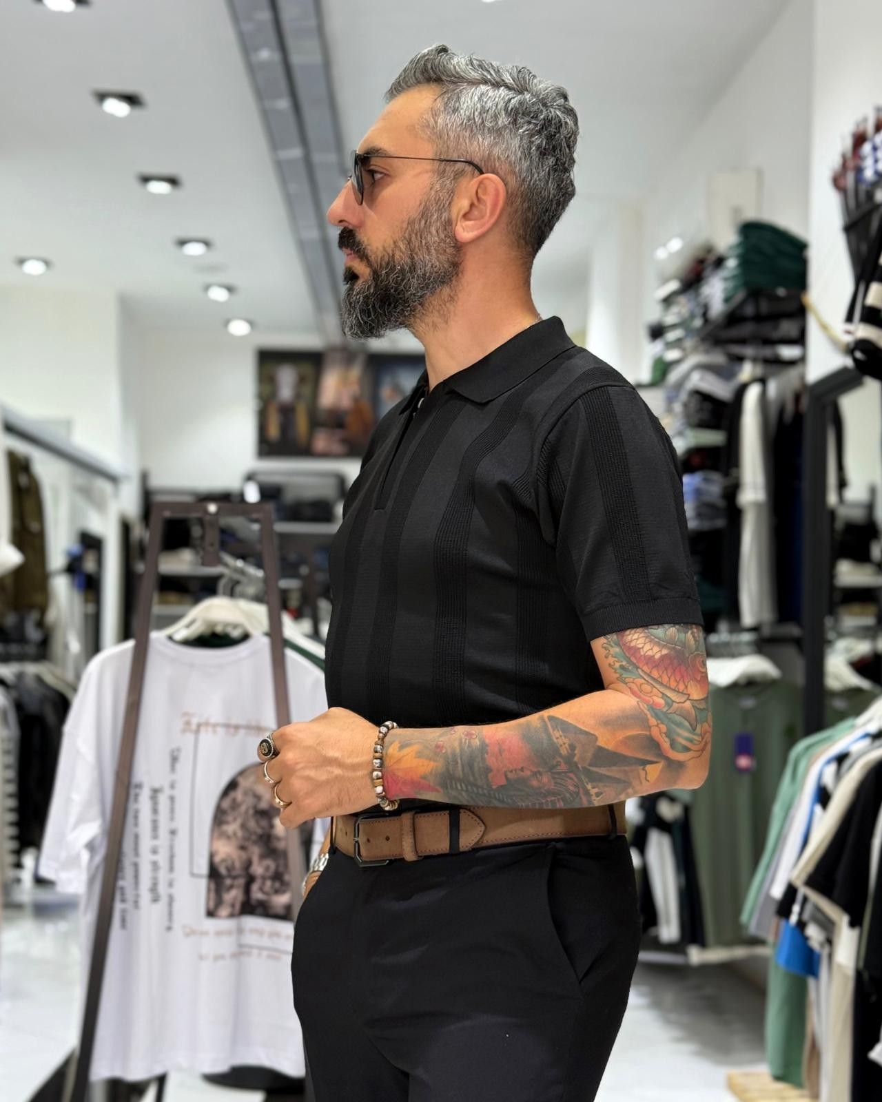  Desenli Polo Yaka Yarım Fermuarlı Erkek T-Shirt