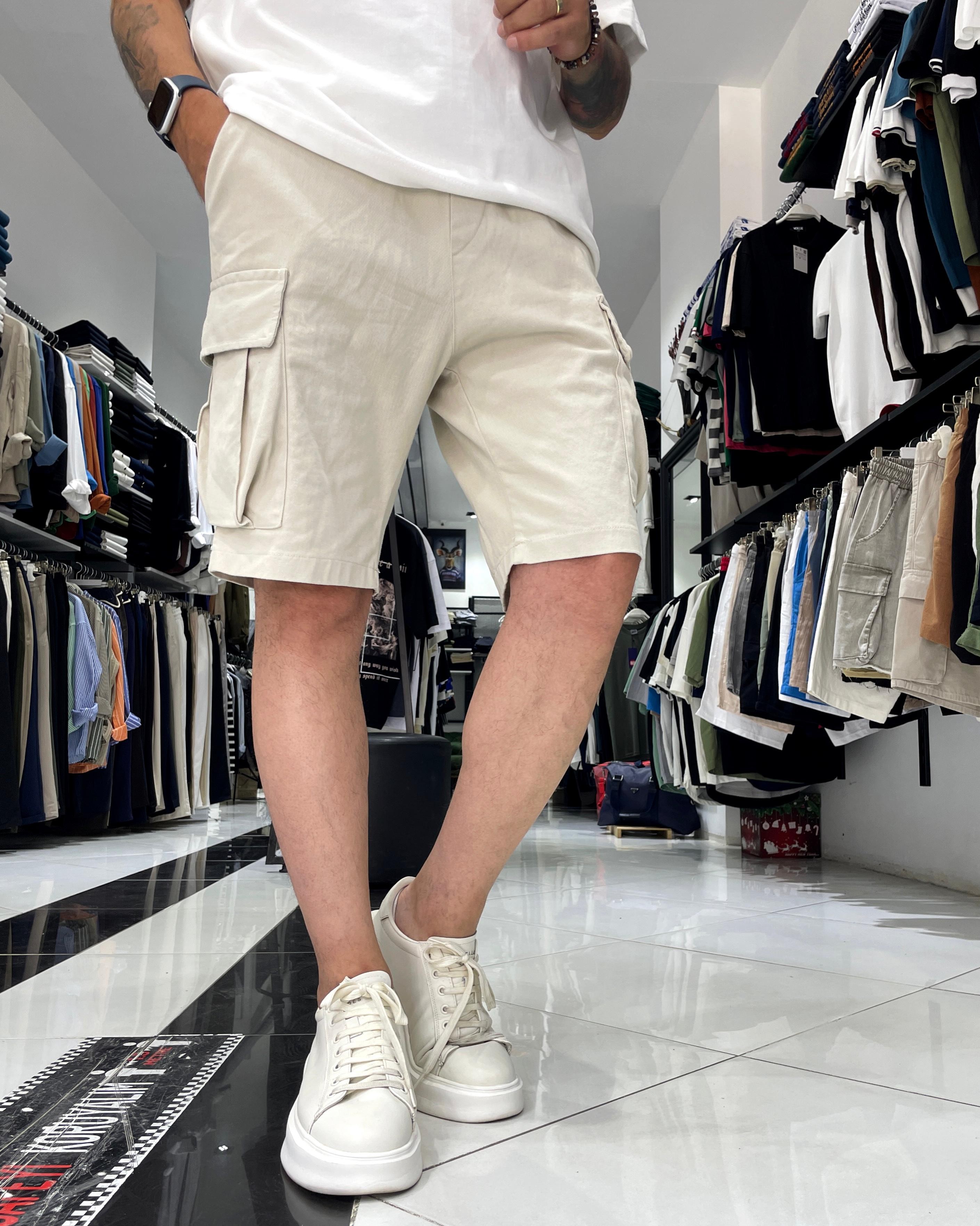 Elastic Waist Denim Shorts with Cargo Pockets - Grey