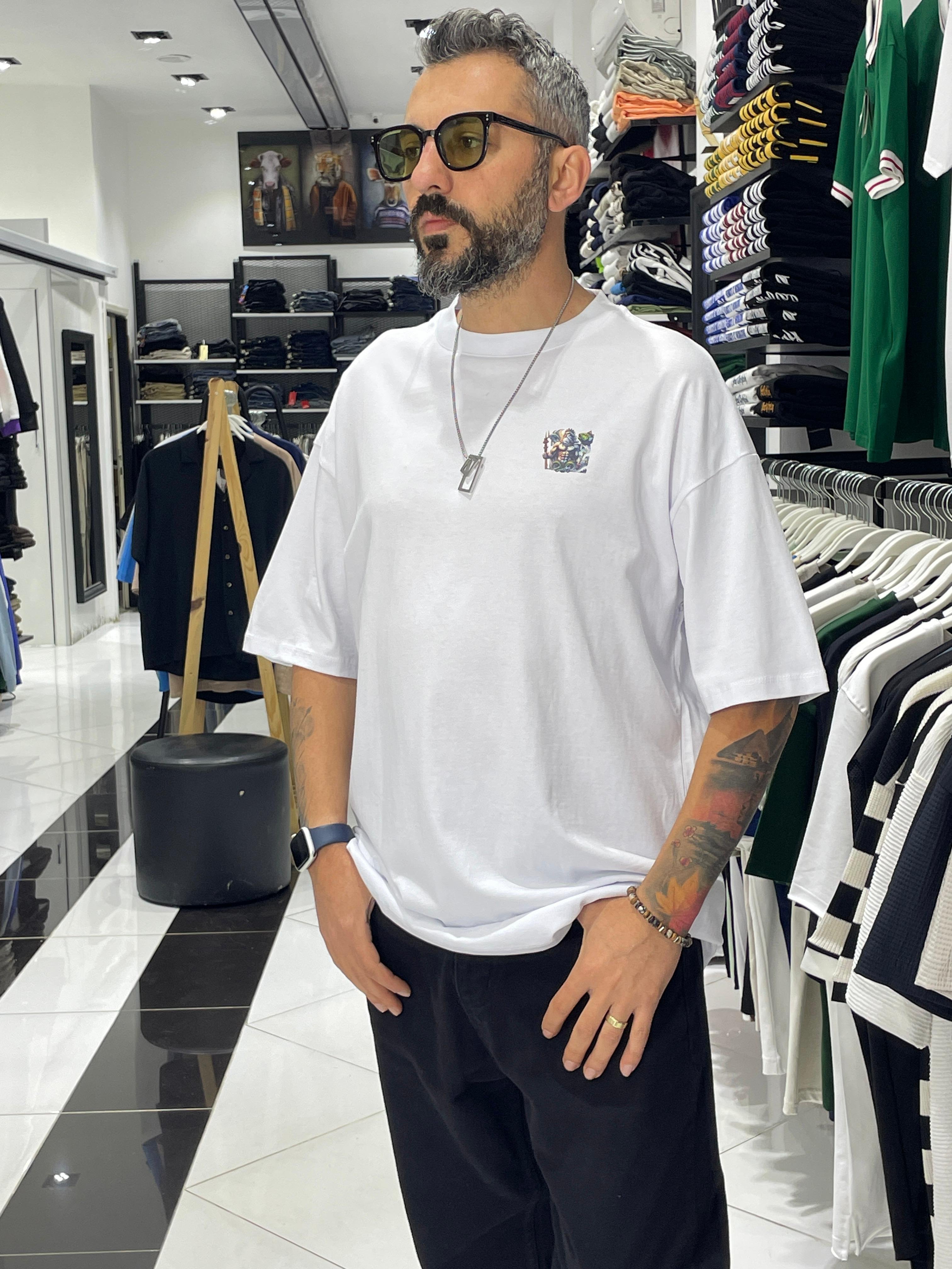 Poseidon Printed White Men's Oversize T-Shirt