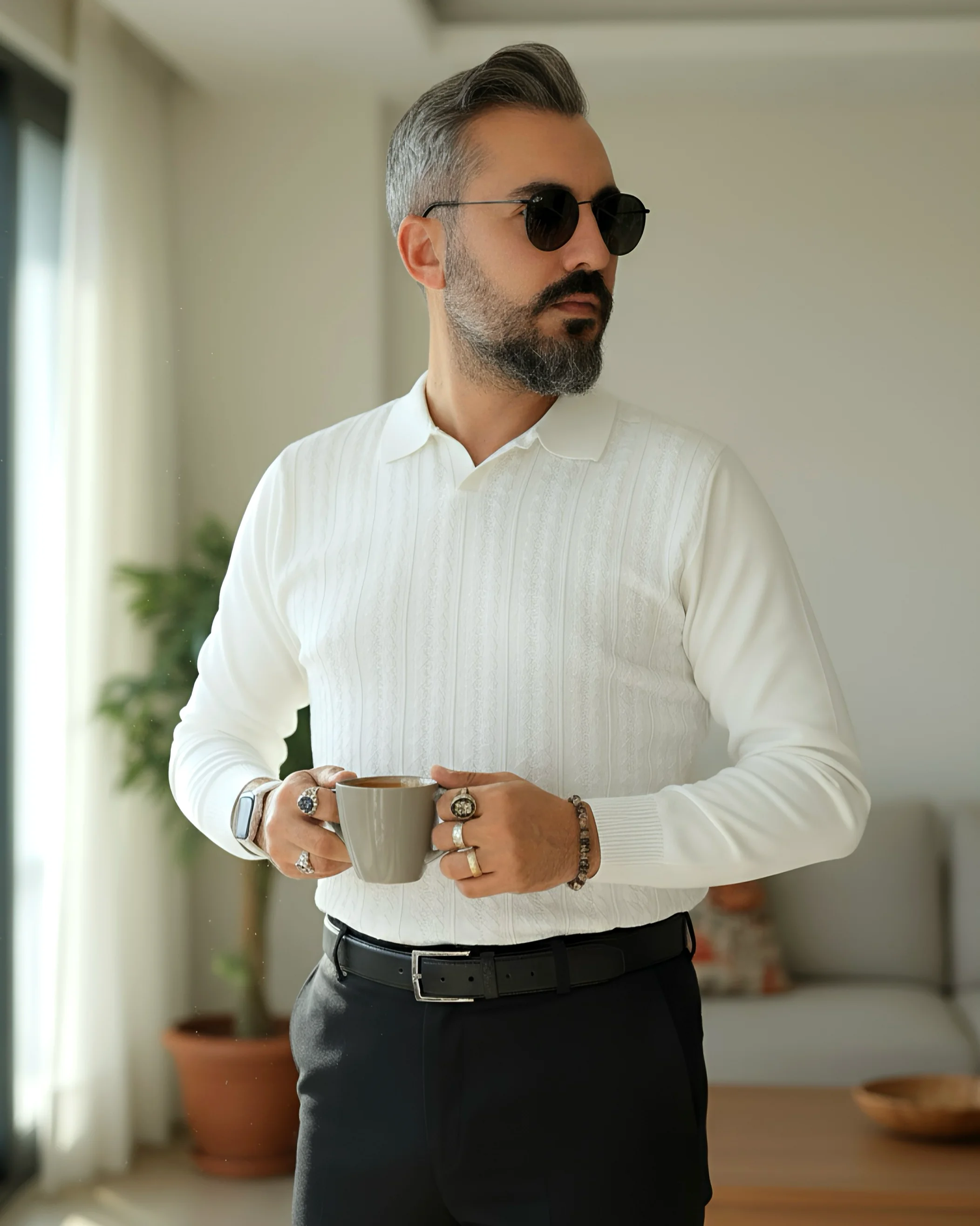 Elegance Erkek Old Money Uzun Kollu Triko Polo Yaka Kazak  - beyaz