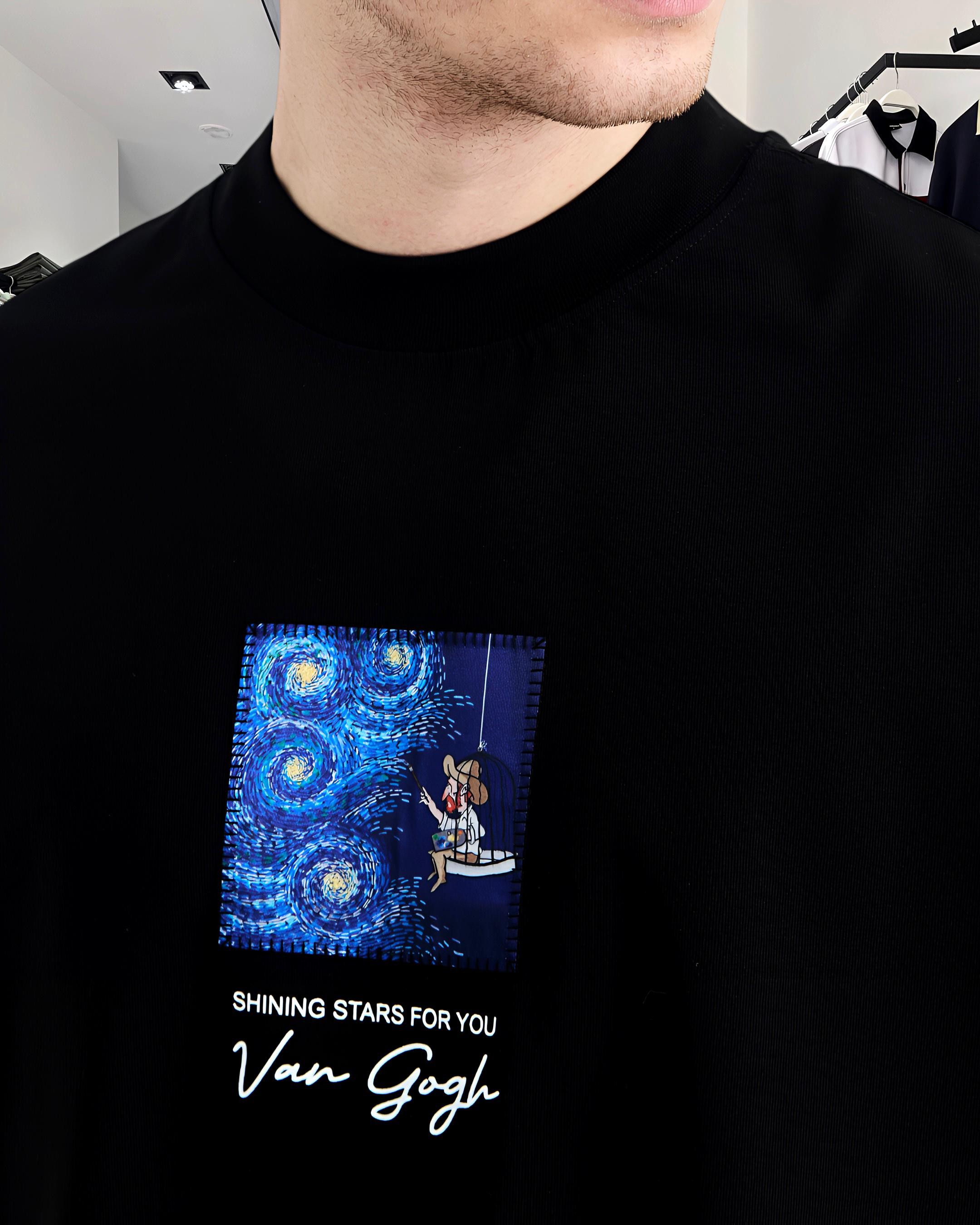 Starry Vision Sırt Kumaş Baskı Van Gogh Oversize Erkek T-Shirt