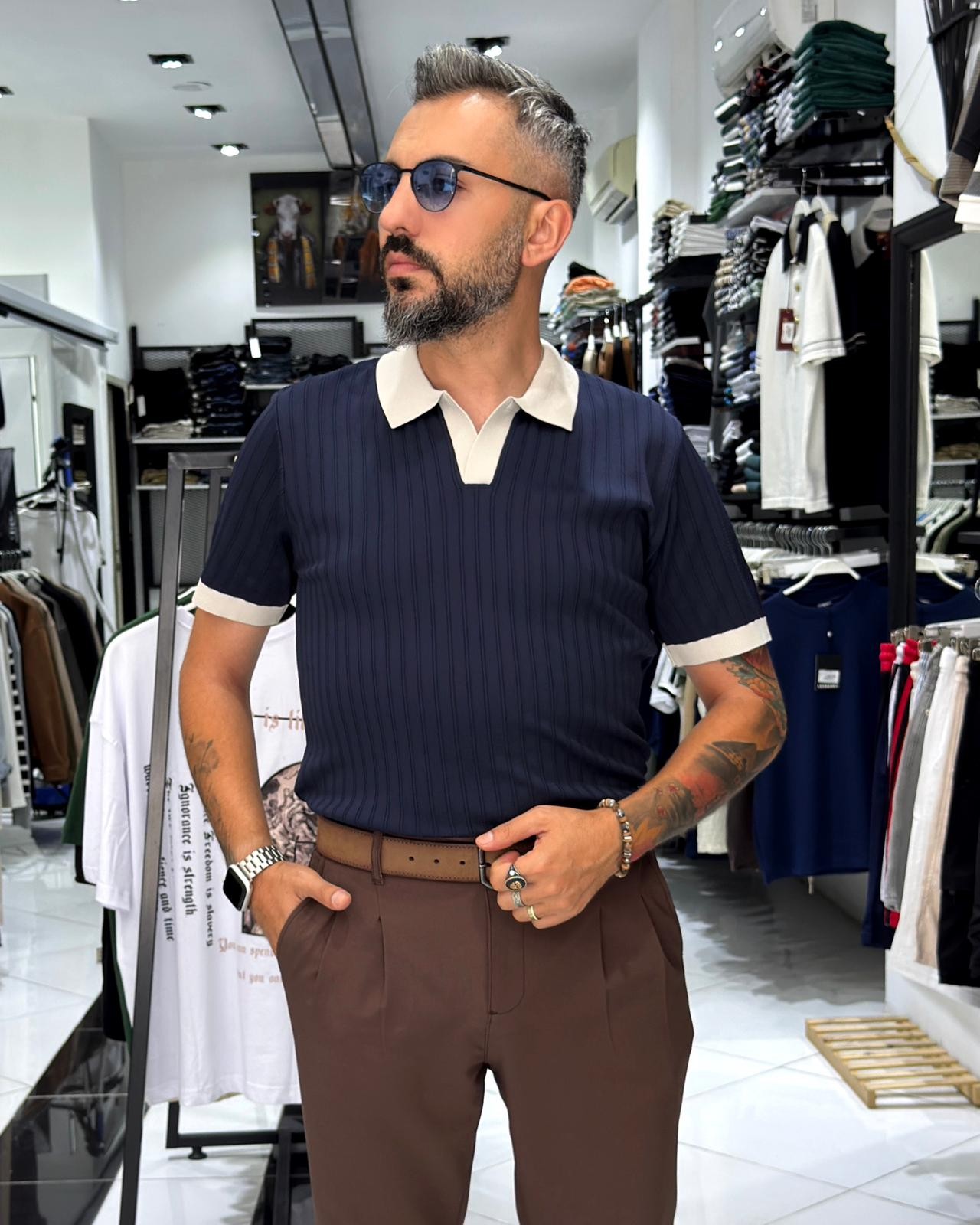 Yaka Detaylı Erkek Triko Polo Yaka T-Shirt - lacivert