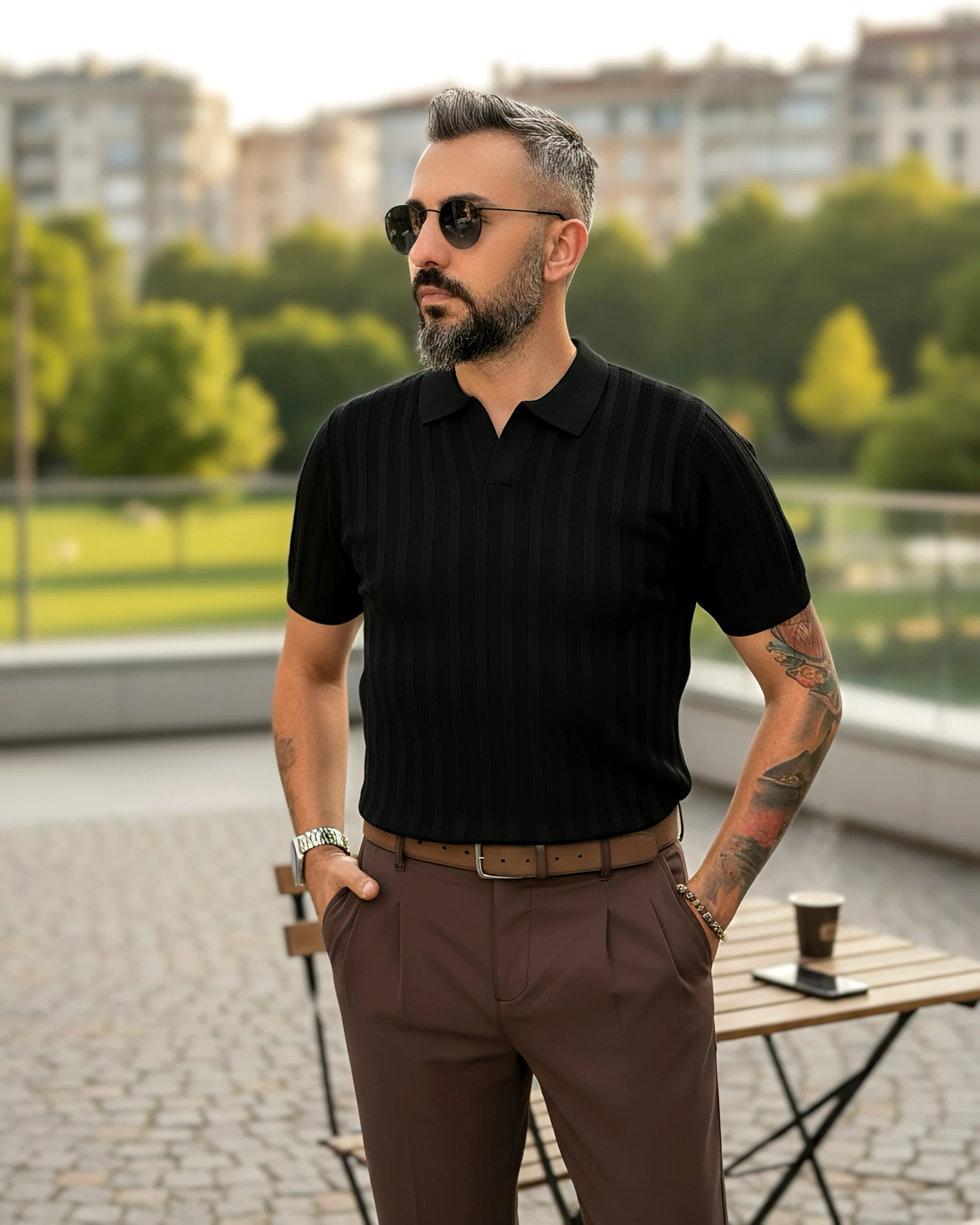 Yaka Detaylı Triko Polo Yaka Erkek T-Shirt - siyah