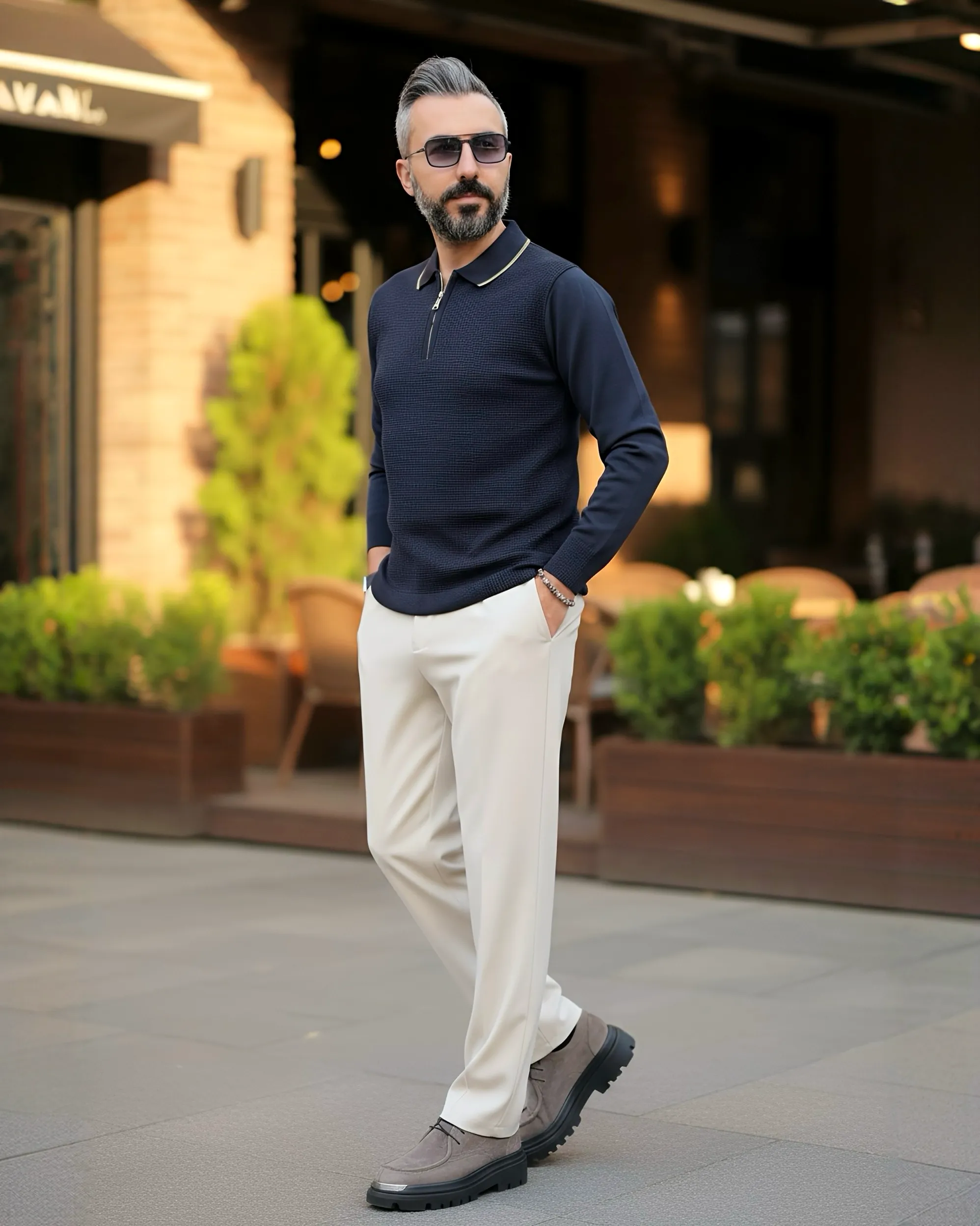 Old Money Erkek Yarım Fermuarlı Triko Kazak - lacivert